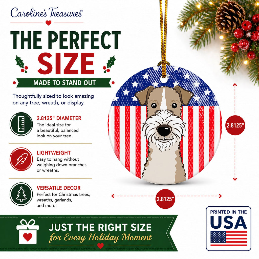 American Flag and Wire Haired Fox Terrier Ceramic Ornament Christmas Tree Hanging Decorations for Home Christmas Holiday, Party, Gift, 3 in, Multicolor
