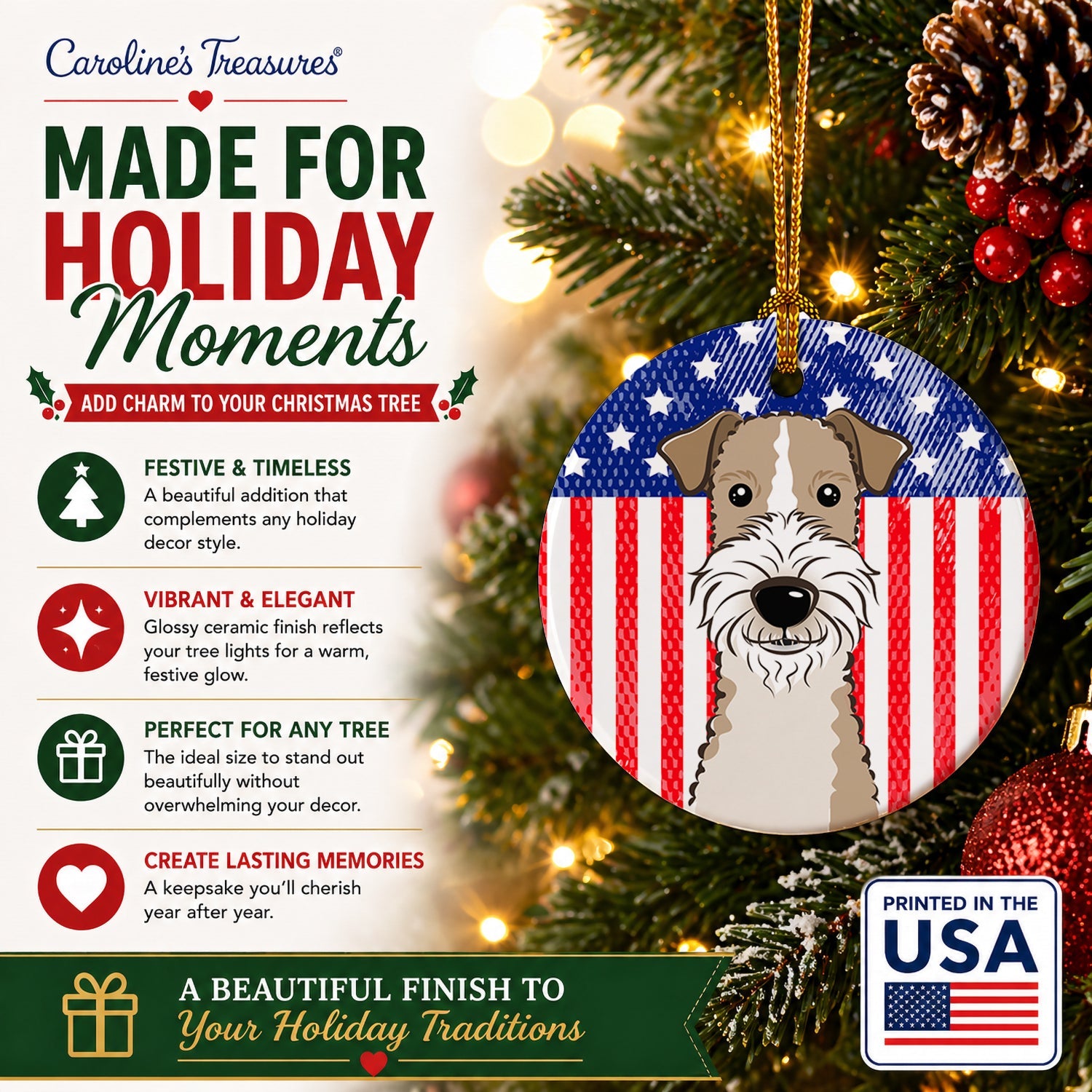 American Flag and Wire Haired Fox Terrier Ceramic Ornament Christmas Tree Hanging Decorations for Home Christmas Holiday, Party, Gift, 3 in, Multicolor