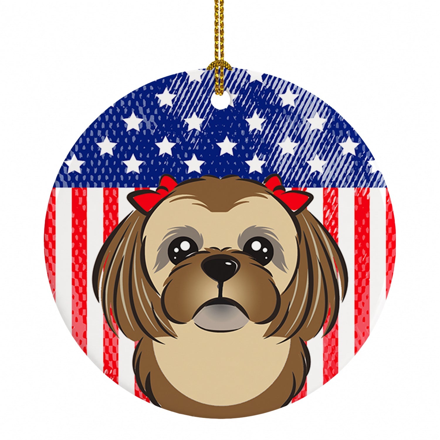 American Flag and Chocolate Brown Shih Tzu Ceramic Ornament Christmas Tree Hanging Decorations for Home Christmas Holiday, Party, Gift, 3 in, Multicolor