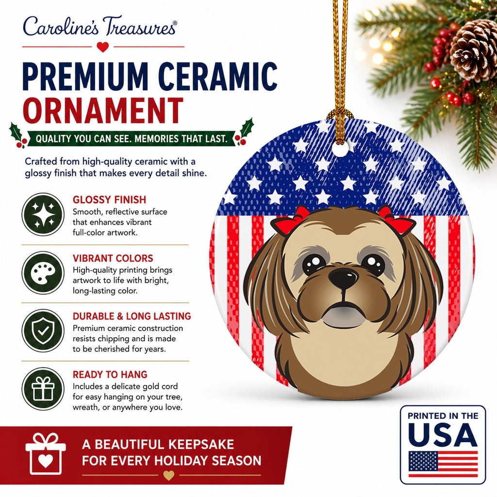 American Flag and Chocolate Brown Shih Tzu Ceramic Ornament Christmas Tree Hanging Decorations for Home Christmas Holiday, Party, Gift, 3 in, Multicolor