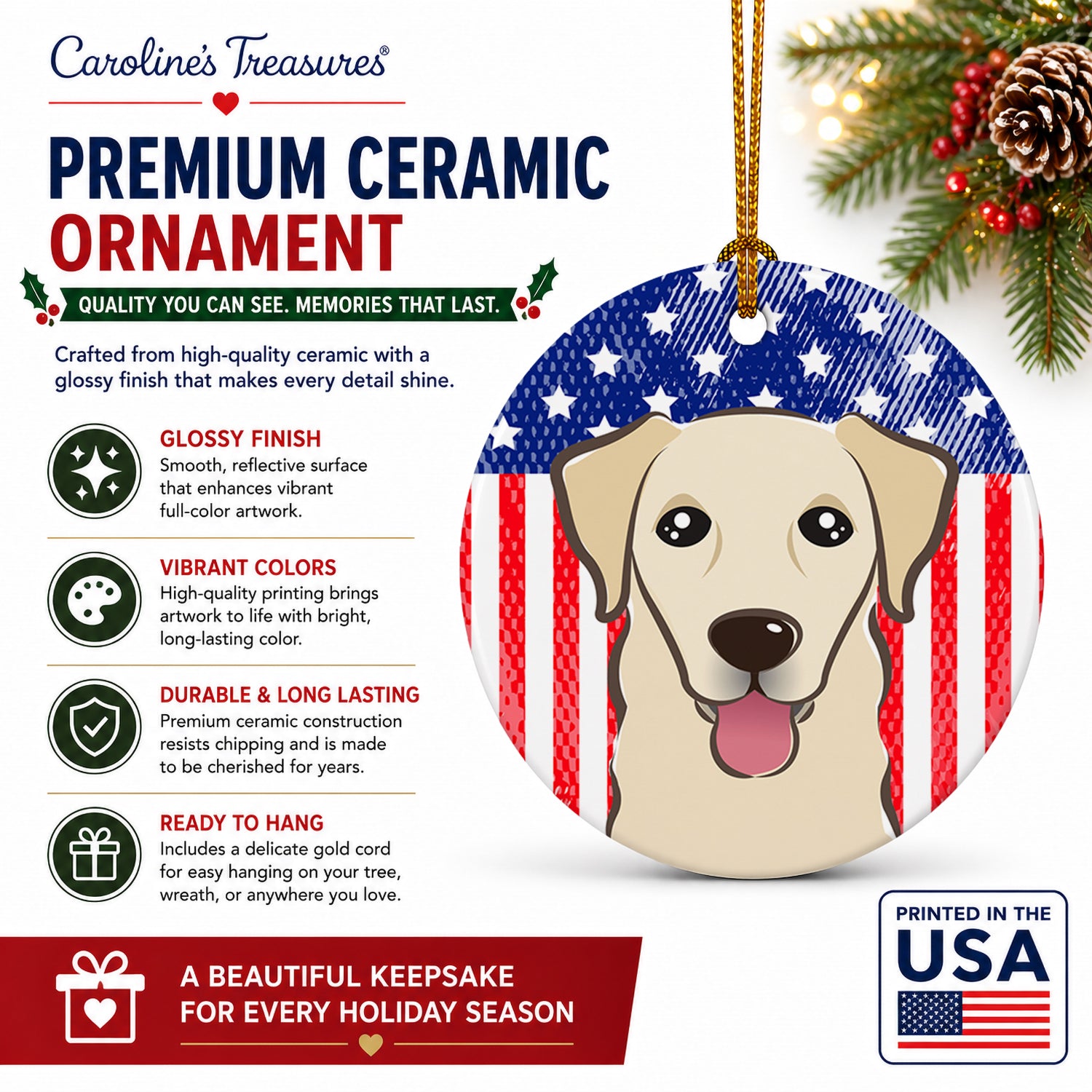 American Flag and Golden Retriever Ceramic Ornament Christmas Tree Hanging Decorations for Home Christmas Holiday, Party, Gift, 3 in, Multicolor