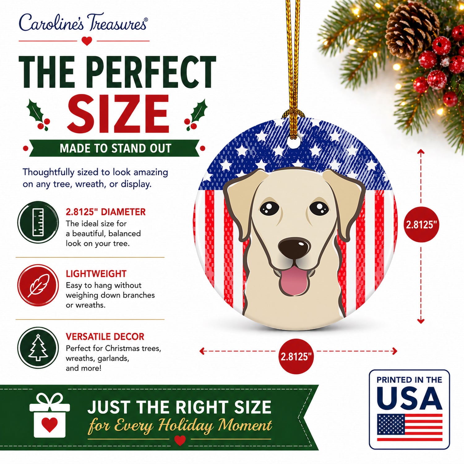 American Flag and Golden Retriever Ceramic Ornament Christmas Tree Hanging Decorations for Home Christmas Holiday, Party, Gift, 3 in, Multicolor