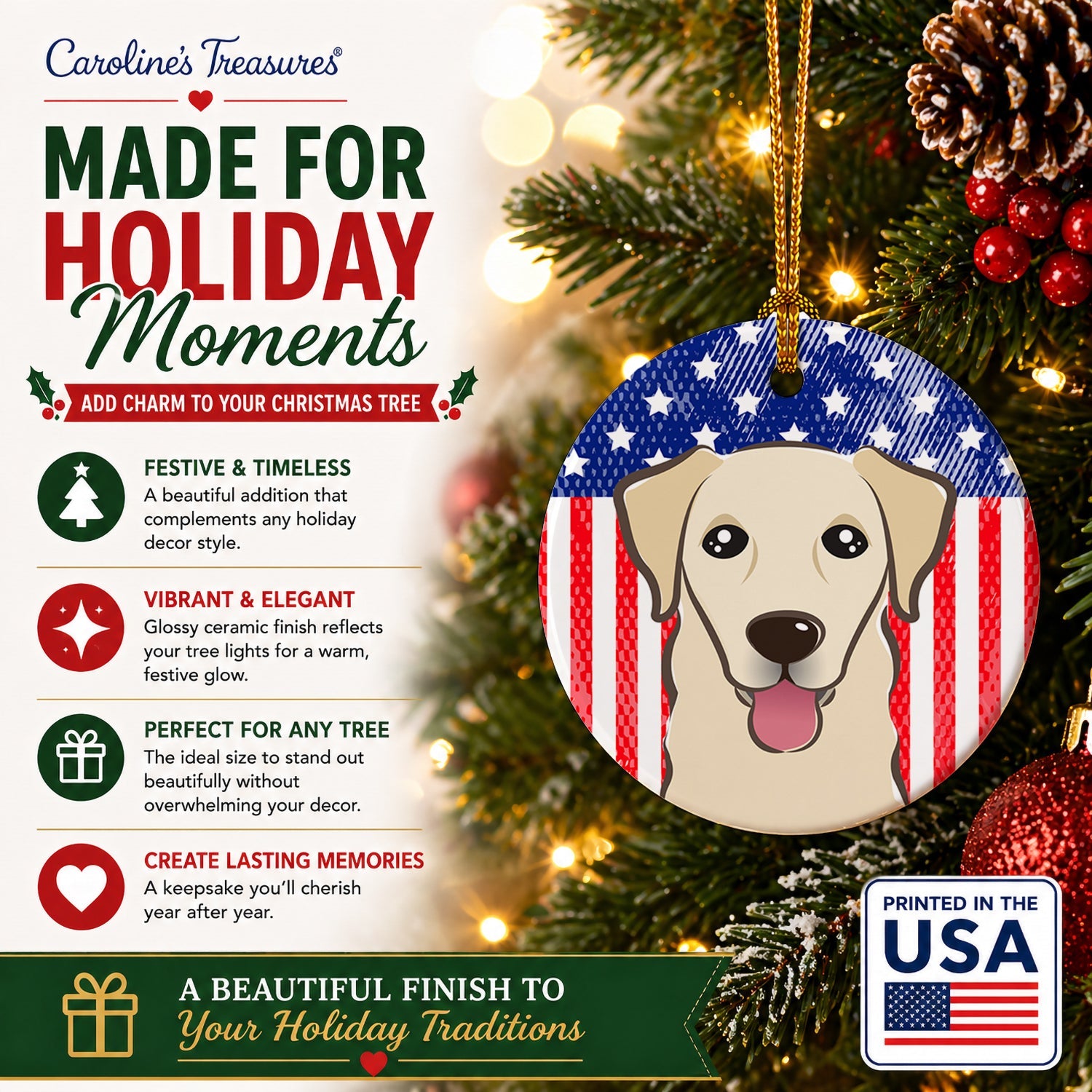American Flag and Golden Retriever Ceramic Ornament Christmas Tree Hanging Decorations for Home Christmas Holiday, Party, Gift, 3 in, Multicolor