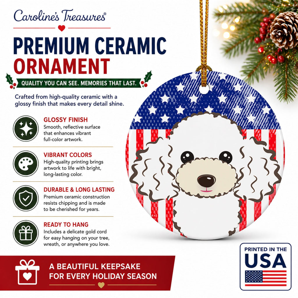 American Flag and White Poodle Ceramic Ornament Christmas Tree Hanging Decorations for Home Christmas Holiday, Party, Gift, 3 in, Multicolor