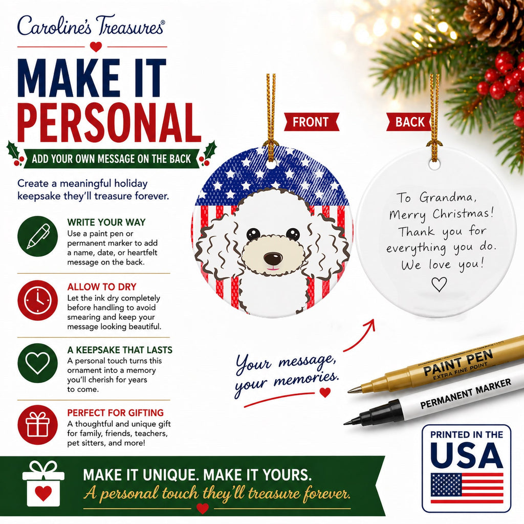 American Flag and White Poodle Ceramic Ornament Christmas Tree Hanging Decorations for Home Christmas Holiday, Party, Gift, 3 in, Multicolor