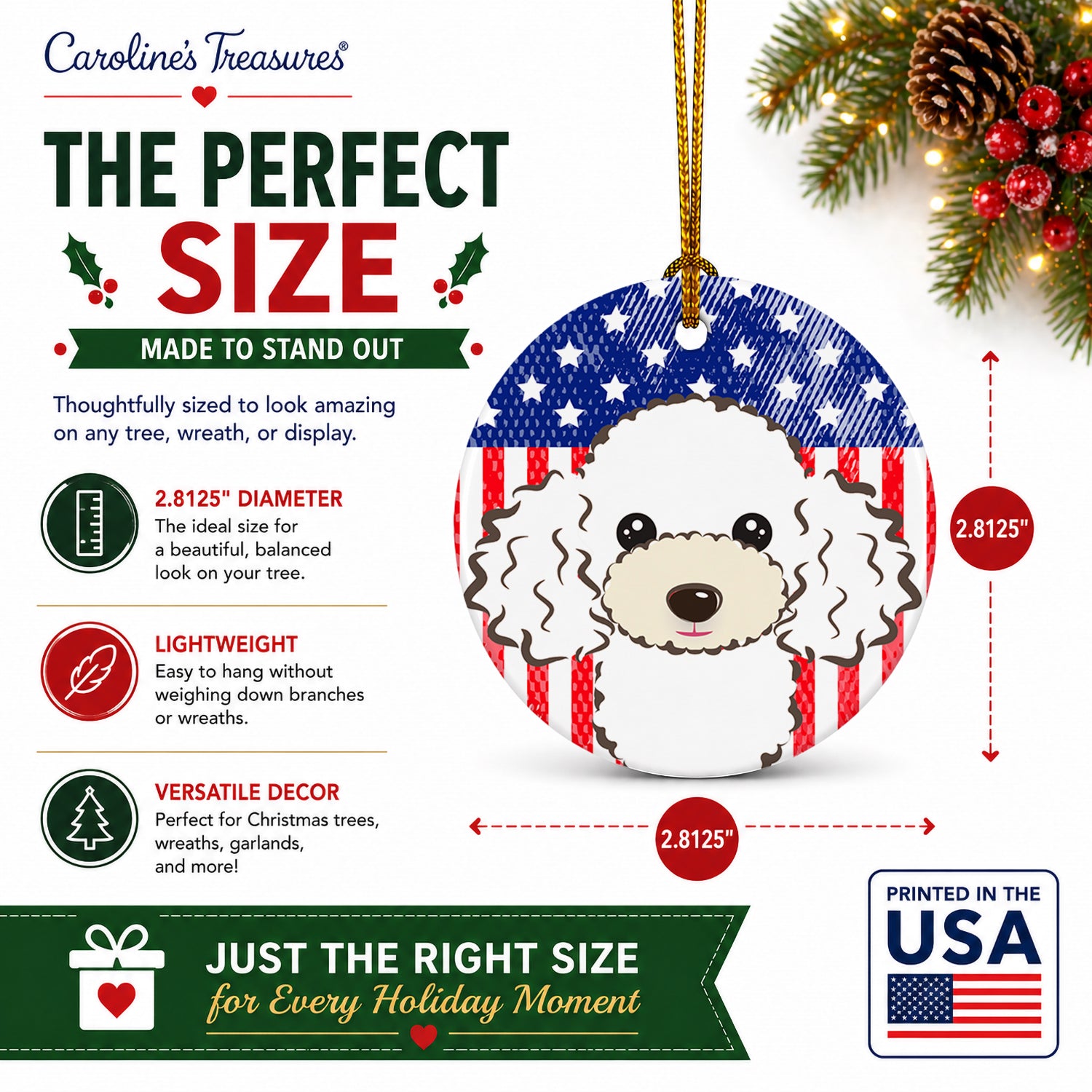 American Flag and White Poodle Ceramic Ornament Christmas Tree Hanging Decorations for Home Christmas Holiday, Party, Gift, 3 in, Multicolor