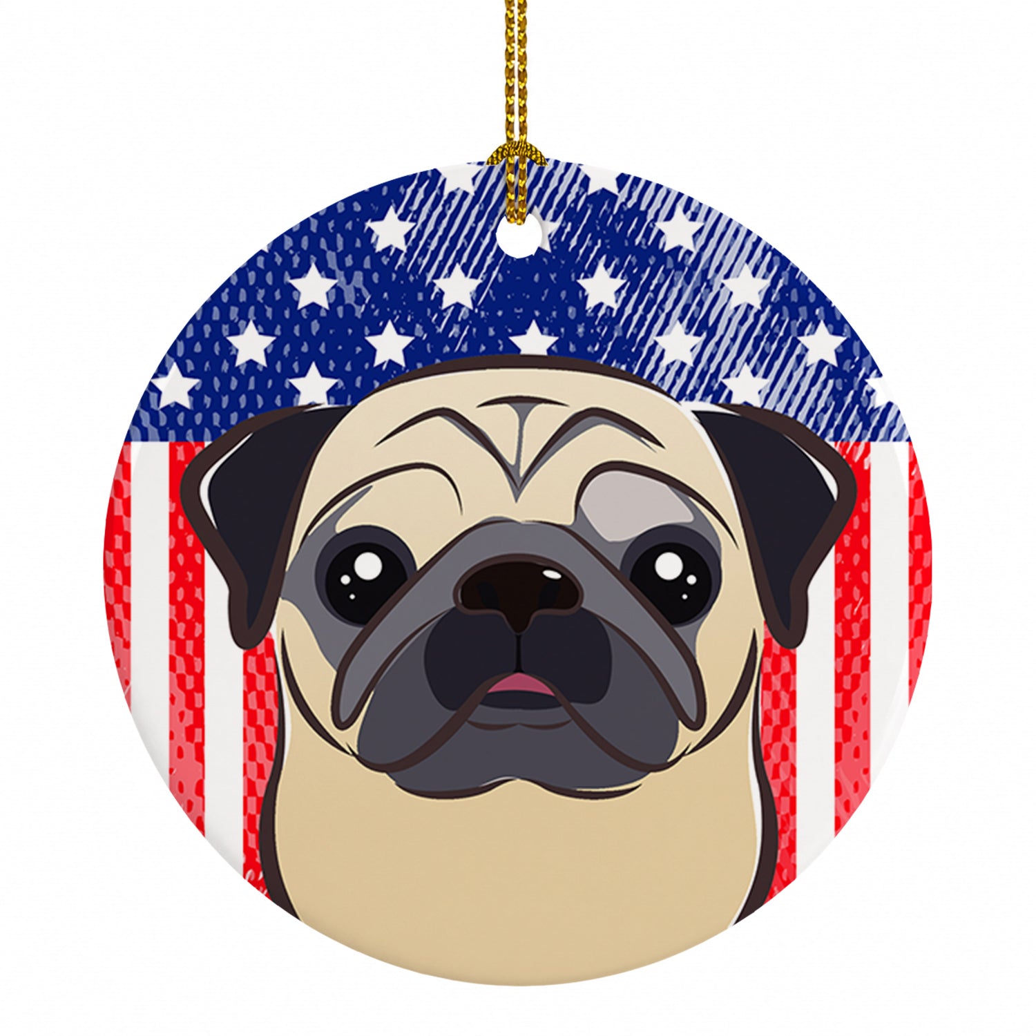 American Flag and Fawn Pug Ceramic Ornament Christmas Tree Hanging Decorations for Home Christmas Holiday, Party, Gift, 3 in, Multicolor