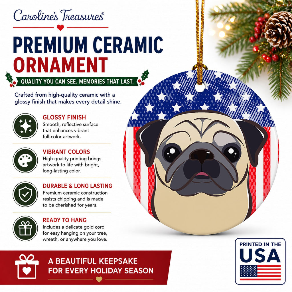 American Flag and Fawn Pug Ceramic Ornament Christmas Tree Hanging Decorations for Home Christmas Holiday, Party, Gift, 3 in, Multicolor