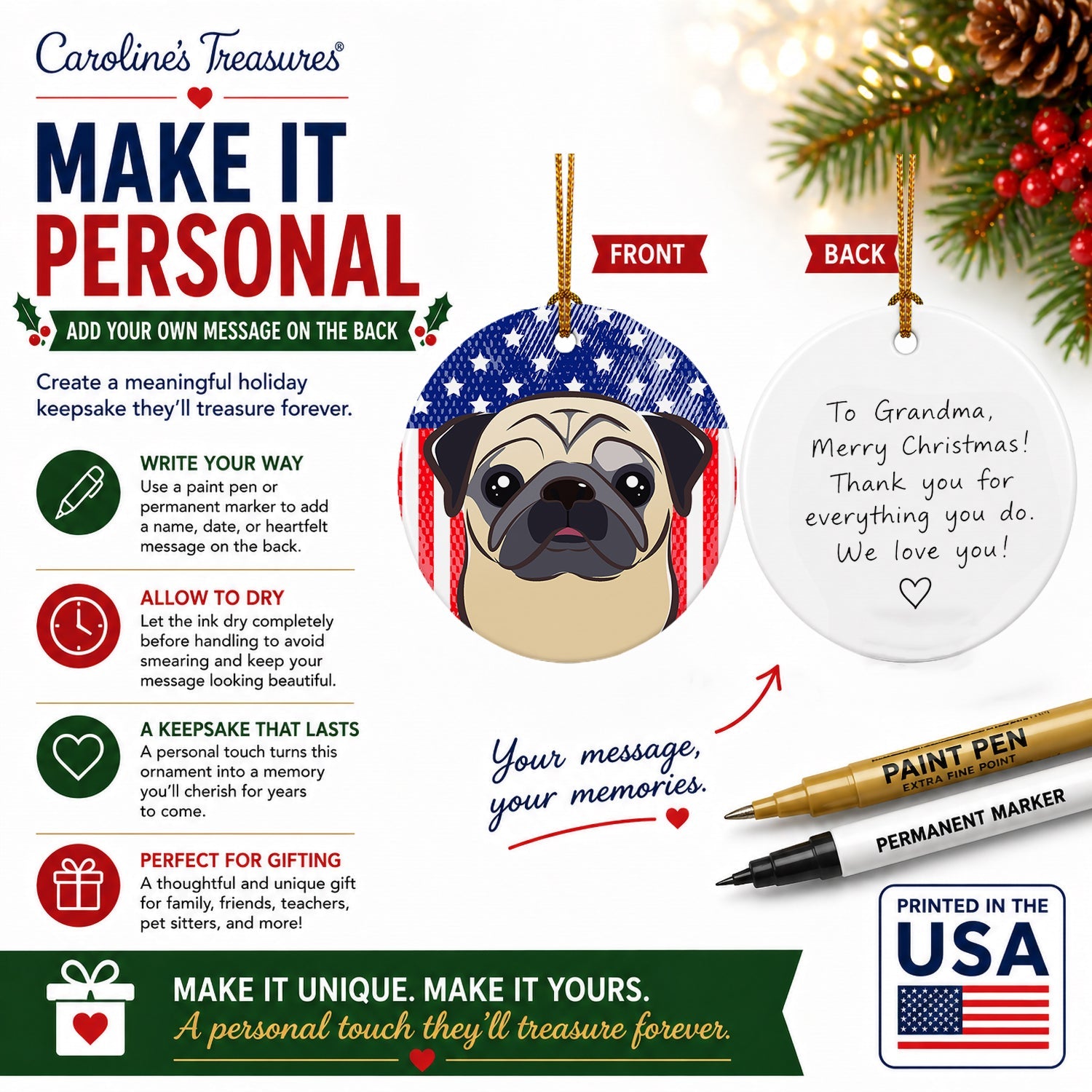 American Flag and Fawn Pug Ceramic Ornament Christmas Tree Hanging Decorations for Home Christmas Holiday, Party, Gift, 3 in, Multicolor