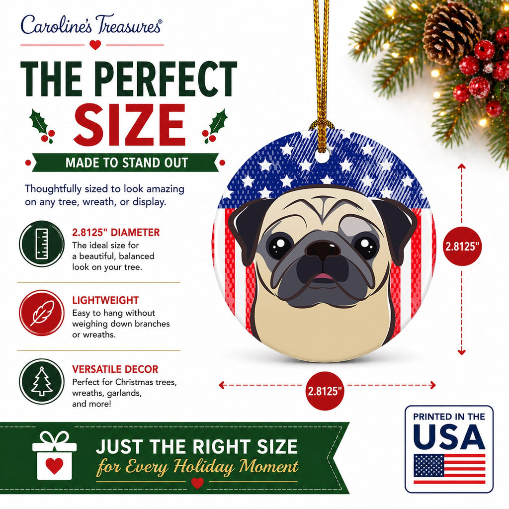 American Flag and Fawn Pug Ceramic Ornament Christmas Tree Hanging Decorations for Home Christmas Holiday, Party, Gift, 3 in, Multicolor
