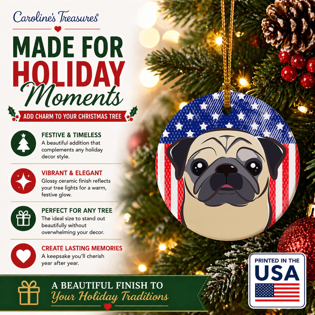 American Flag and Fawn Pug Ceramic Ornament Christmas Tree Hanging Decorations for Home Christmas Holiday, Party, Gift, 3 in, Multicolor