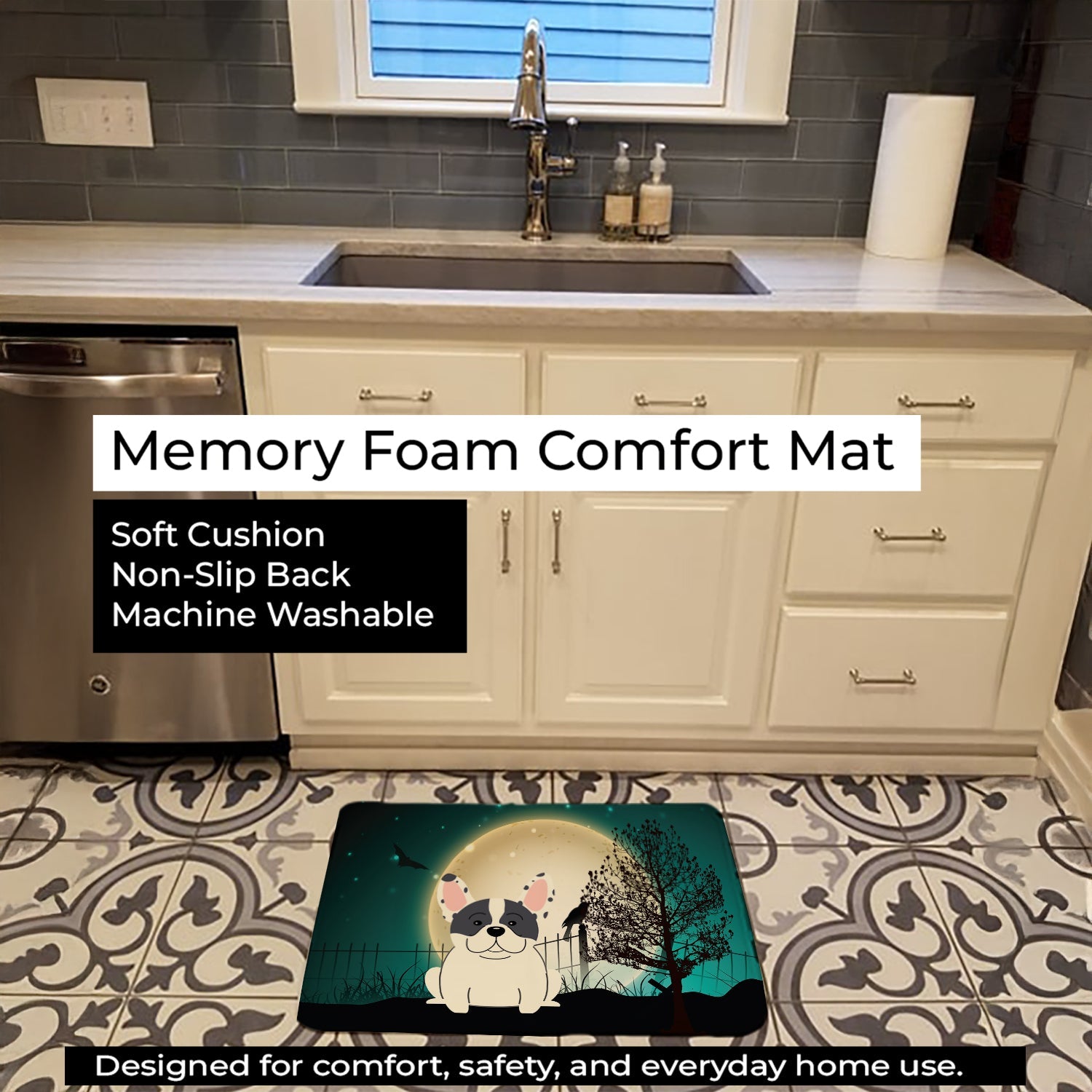 Halloween Scary French Bulldog Piebald Memory Foam Kitchen Mat Machine Washable Anti-Fatigue Cushion Comfort Bath or Kitchen Rug