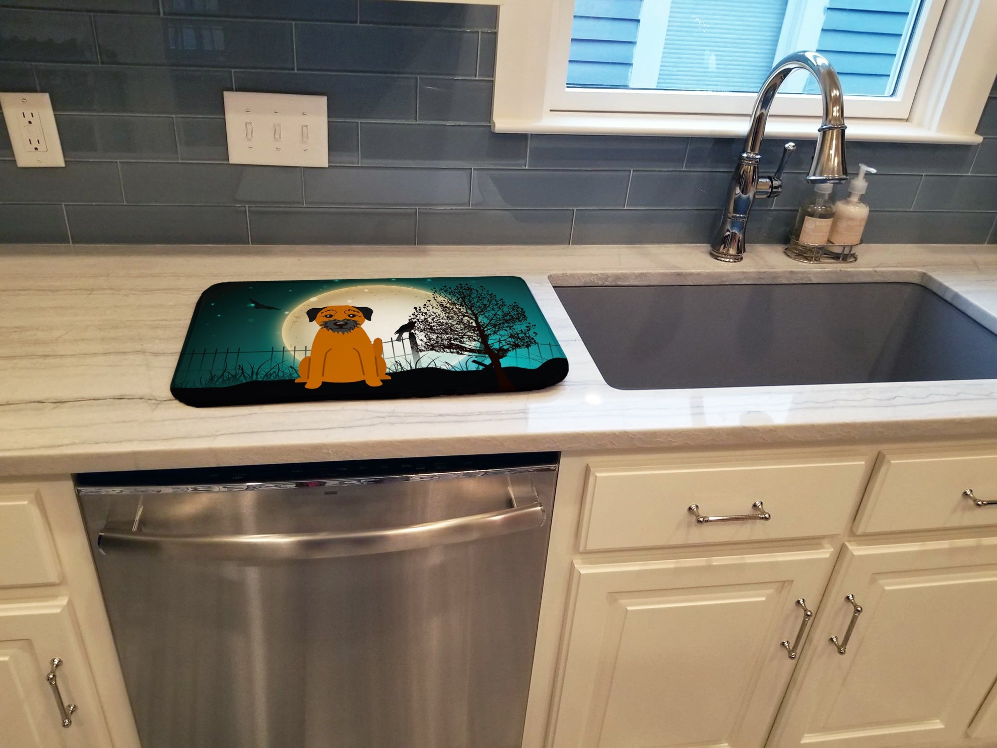 Halloween Scary Border Terrier Dish Drying Mat Absorbent Dish Drying Mat Pad for Kitchen Counter Dish Drainer Mat for Countertop, 14 x 21", Multicolor