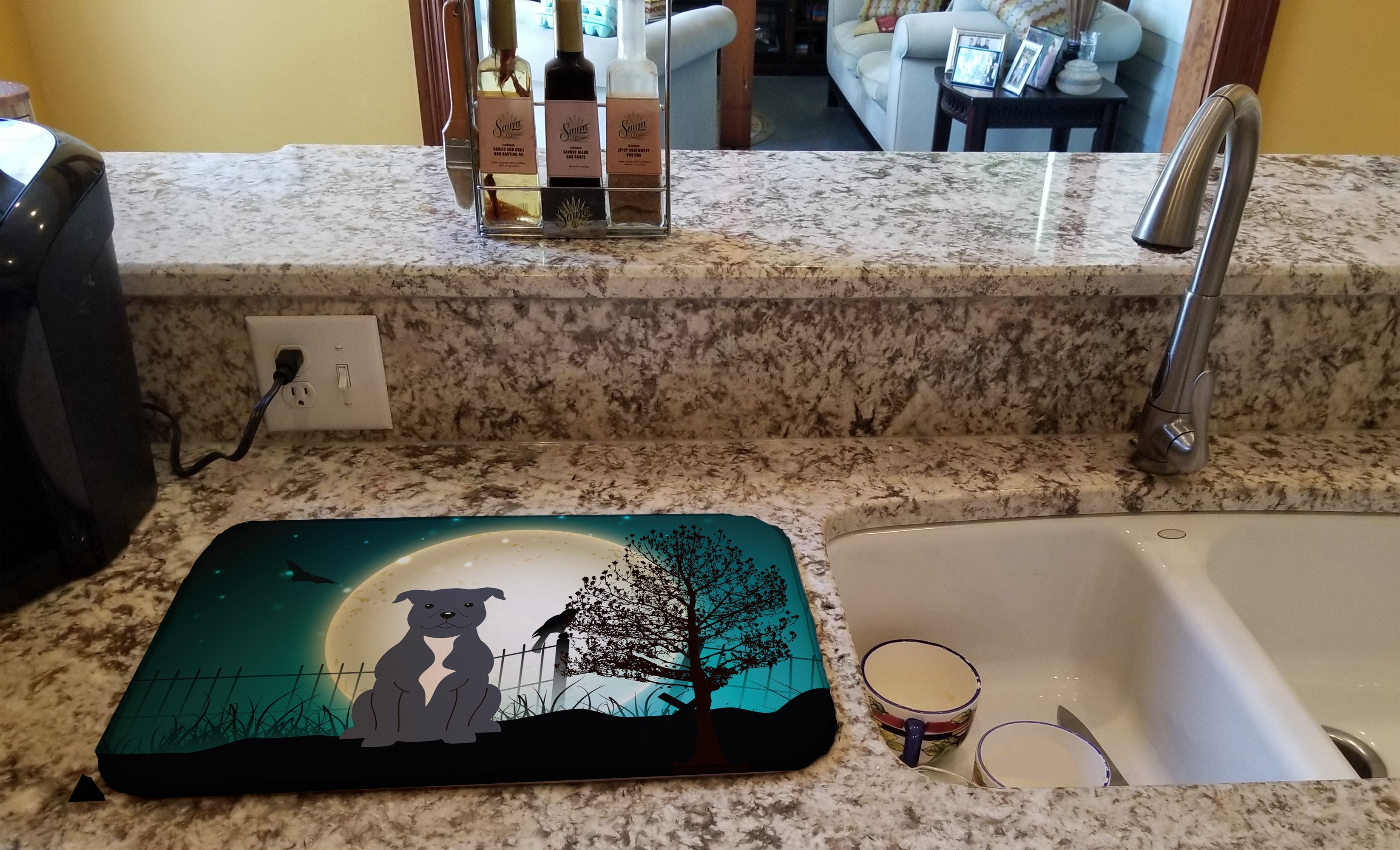 Halloween Scary Staffordshire Bull Terrier Blue Dish Drying Mat Absorbent Dish Drying Mat Pad for Kitchen Counter Dish Drainer Mat for Countertop, 14 x 21", Multicolor