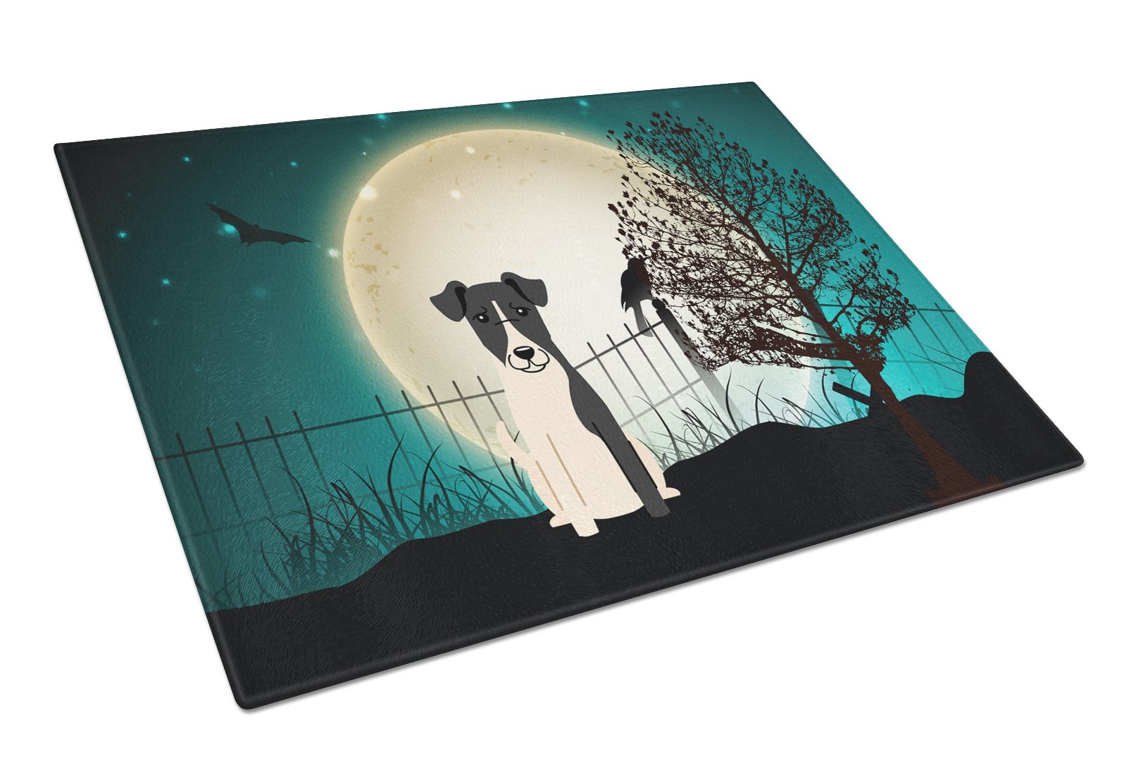 Halloween Scary Smooth Fox Terrier Cutting Board Tempered Glass Kitchen Cutting Surface, Heat Resistant Chopping, Non-Slip Feet, Food Prep & Serving
