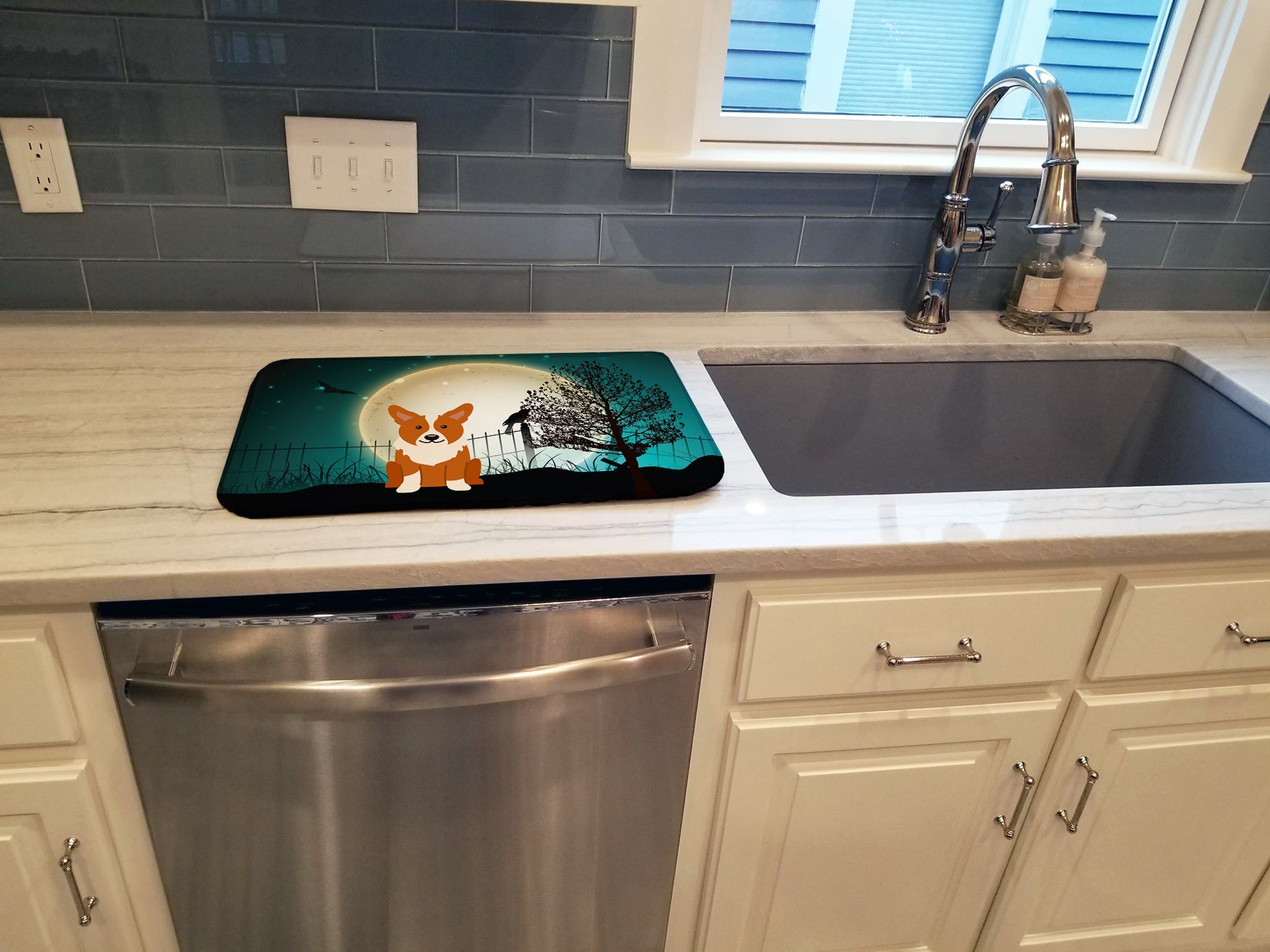 Halloween Scary Corgi Dish Drying Mat Absorbent Dish Drying Mat Pad for Kitchen Counter Dish Drainer Mat for Countertop, 14 x 21", Multicolor