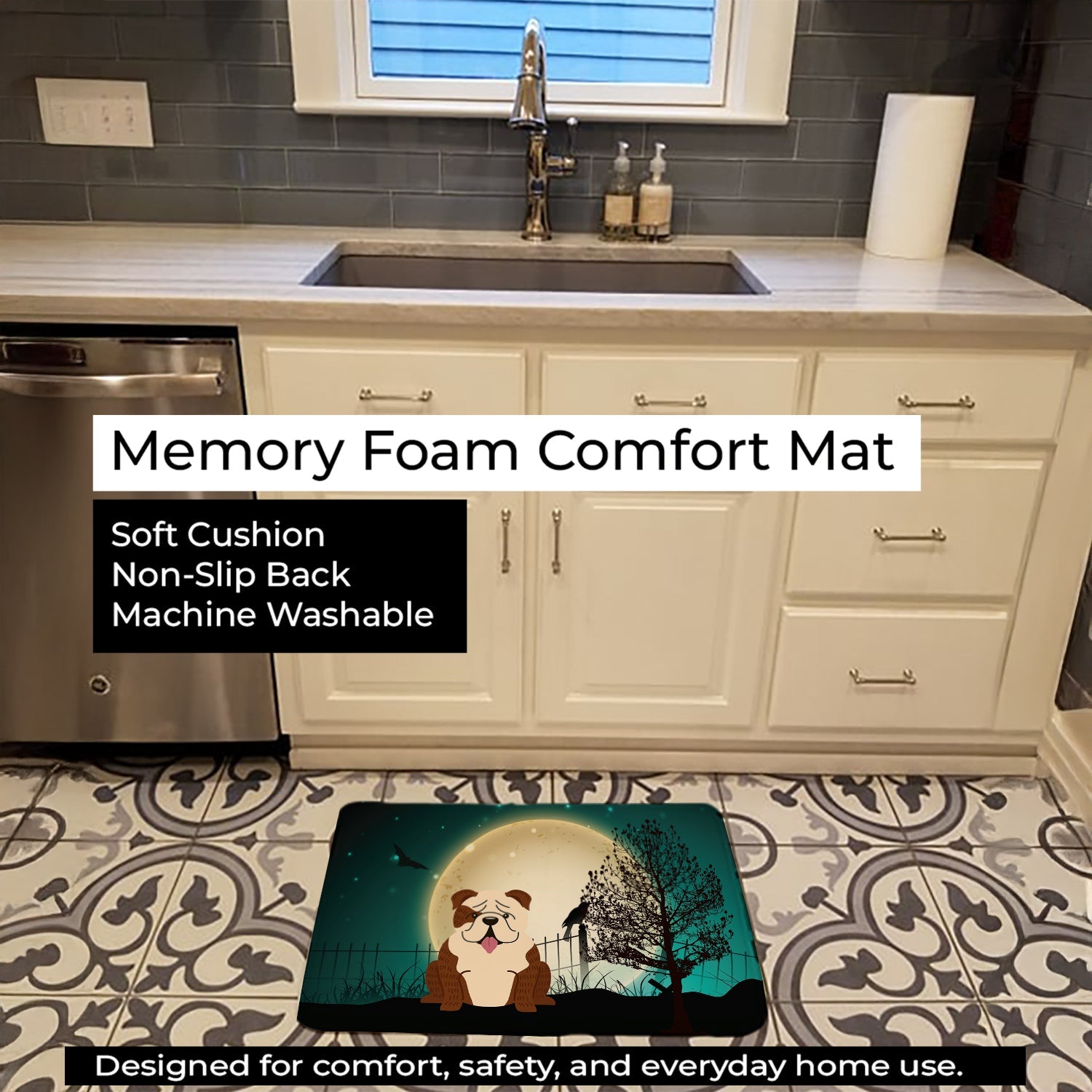 Halloween Scary English Bulldog Brindle White Memory Foam Kitchen Mat Machine Washable Anti-Fatigue Cushion Comfort Bath or Kitchen Rug