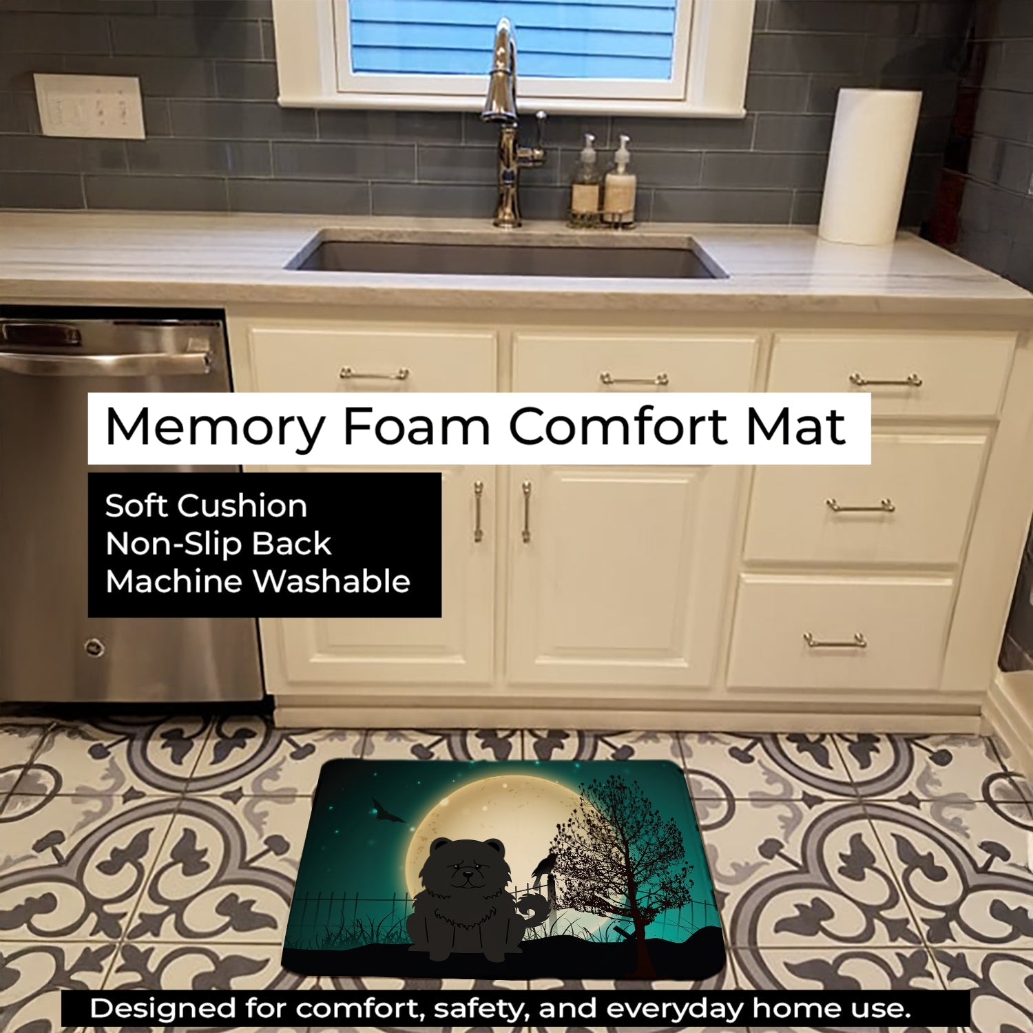 Halloween Scary Chow Chow Black Memory Foam Kitchen Mat Machine Washable Anti-Fatigue Cushion Comfort Bath or Kitchen Rug