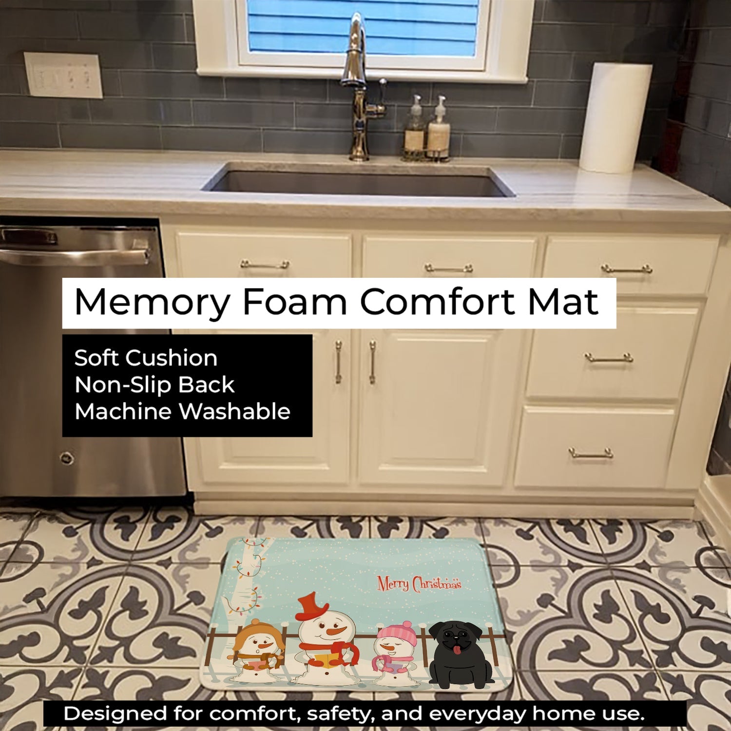 Merry Christmas Carolers Pug Black Memory Foam Kitchen Mat Machine Washable Anti-Fatigue Cushion Comfort Bath or Kitchen Rug