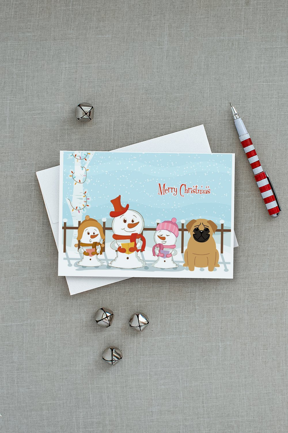 Merry Christmas Carolers Pug Brown Greeting Cards Pack of 8 Blank Cards with Envelopes Whimsical A7 Size 5x7