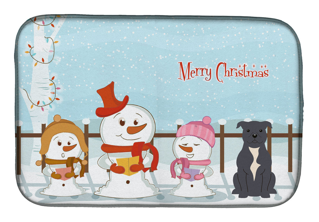 Merry Christmas Carolers Staffordshire Bull Terrier Blue Dish Drying Mat Absorbent Dish Drying Mat Pad for Kitchen Counter Dish Drainer Mat for Countertop, 14 x 21", Multicolor