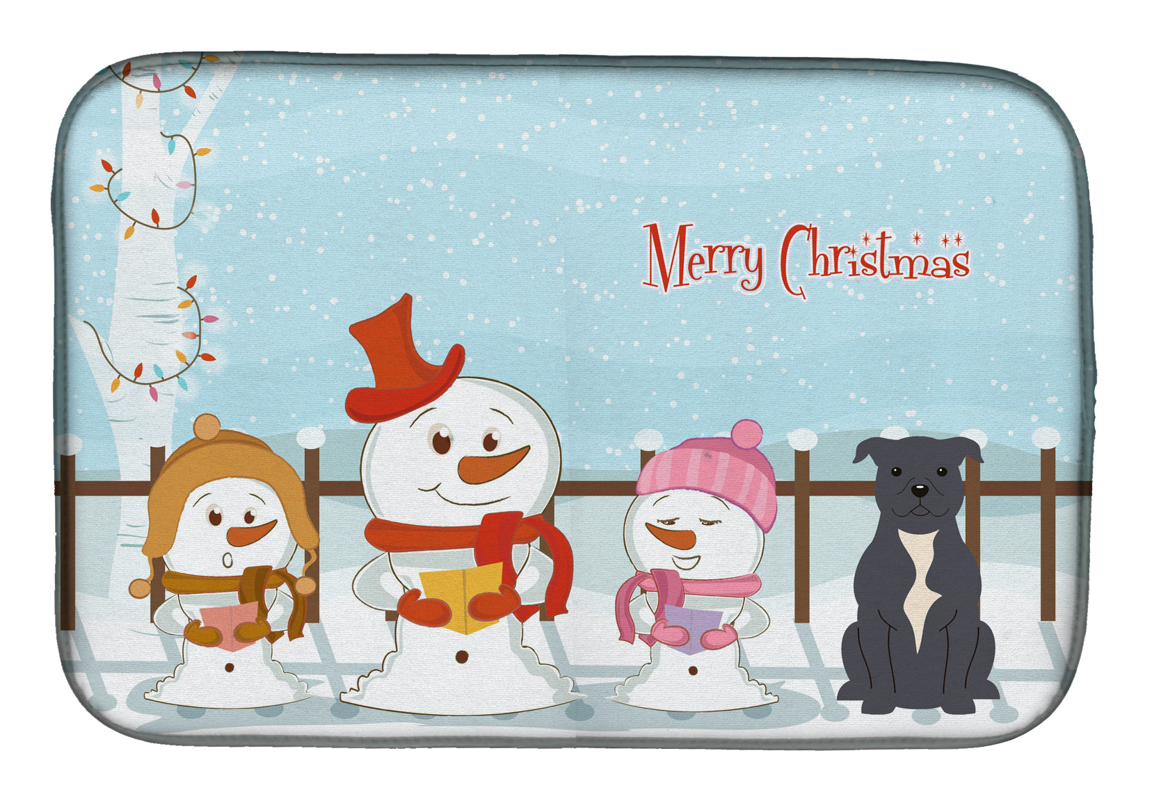 Merry Christmas Carolers Staffordshire Bull Terrier Blue Dish Drying Mat Absorbent Dish Drying Mat Pad for Kitchen Counter Dish Drainer Mat for Countertop, 14 x 21", Multicolor