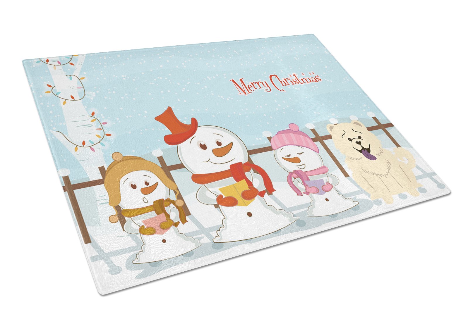 Merry Christmas Carolers Chow Chow White Cutting Board Tempered Glass Kitchen Cutting Surface, Heat Resistant Chopping, Non-Slip Feet, Food Prep & Serving