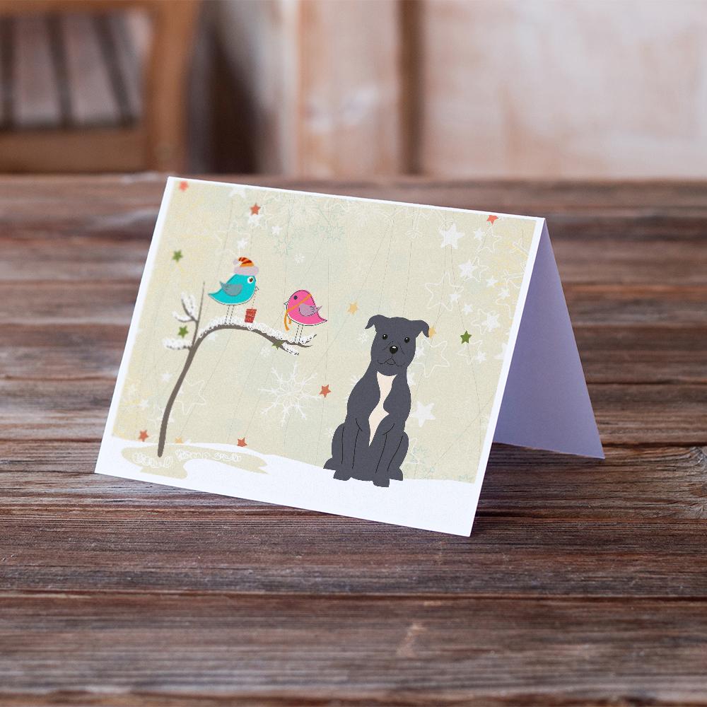 Christmas Presents between Friends Bull Terrier - Blue Greeting Cards Pack of 8 Blank Cards with Envelopes Whimsical A7 Size 5x7
