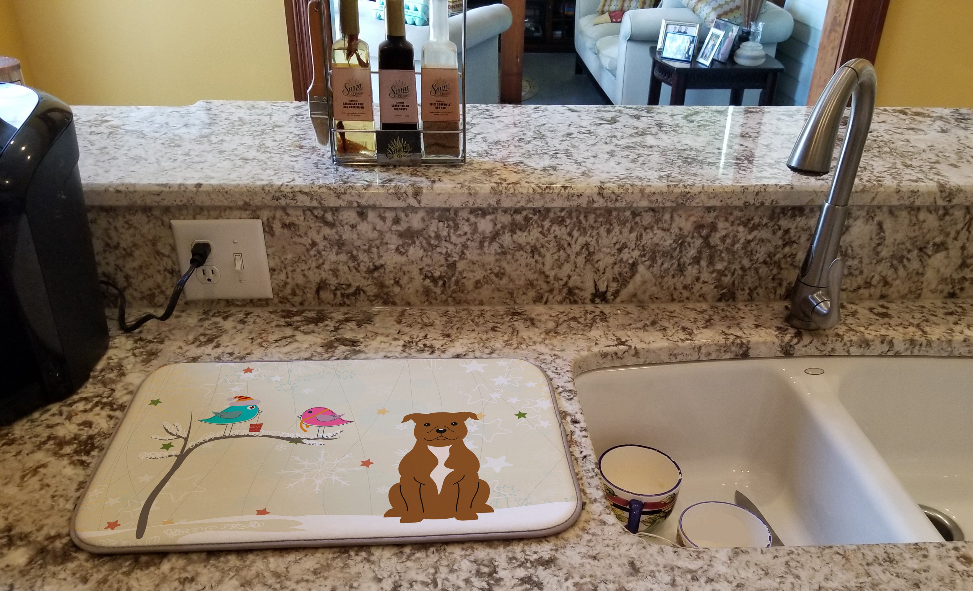 Christmas Presents between Friends Bull Terrier - Brown Dish Drying Mat Absorbent Dish Drying Mat Pad for Kitchen Counter Dish Drainer Mat for Countertop, 14 x 21", Multicolor