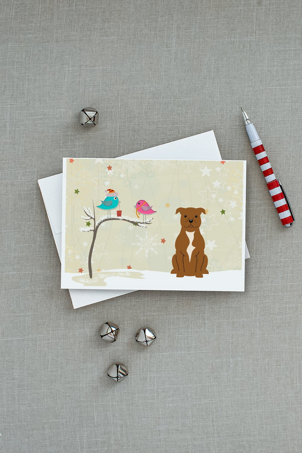 Christmas Presents between Friends Bull Terrier - Brown Greeting Cards Pack of 8 Blank Cards with Envelopes Whimsical A7 Size 5x7