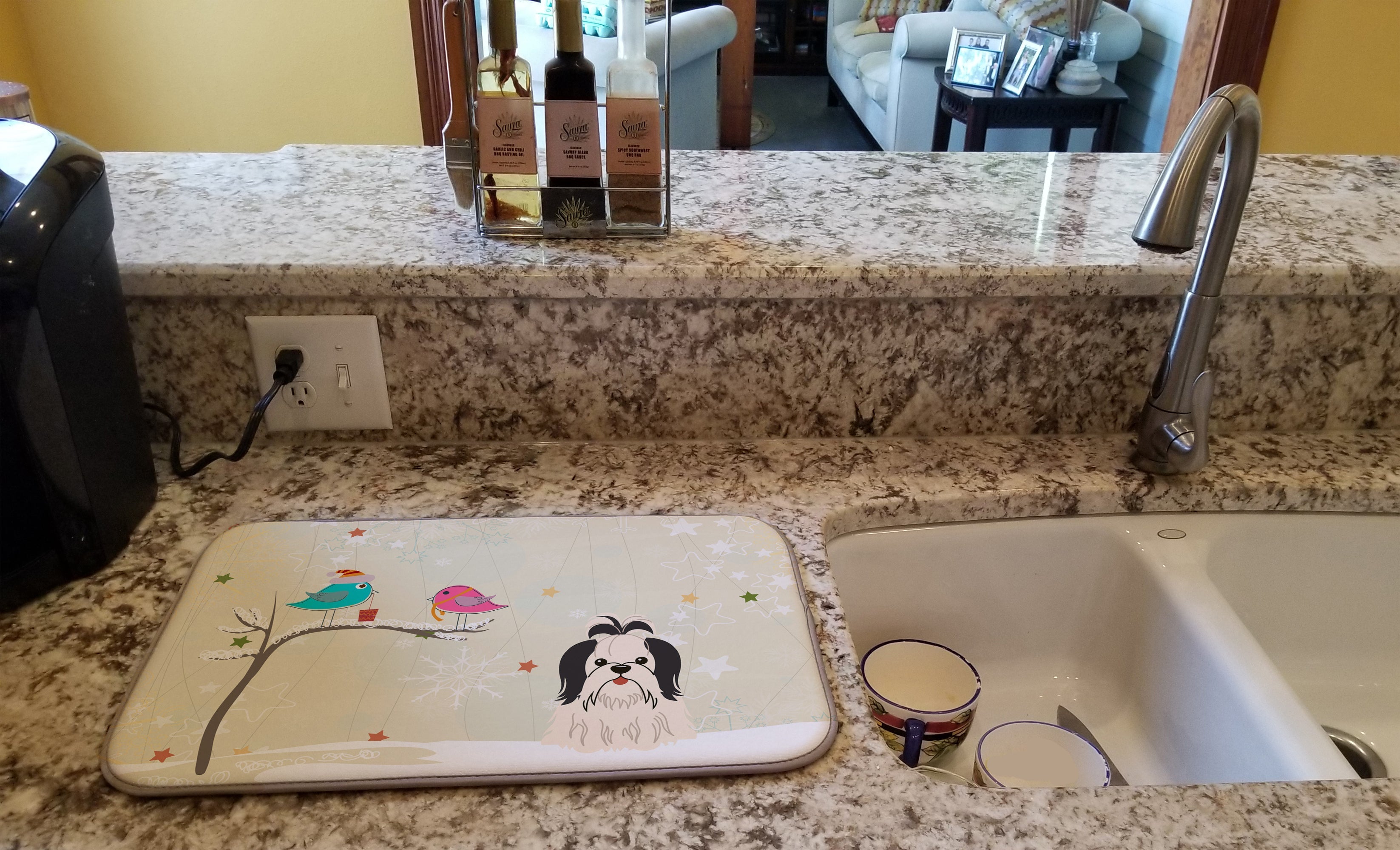 Christmas Presents between Friends Shih Tzu - Black and White Dish Drying Mat Absorbent Dish Drying Mat Pad for Kitchen Counter Dish Drainer Mat for Countertop, 14 x 21", Multicolor