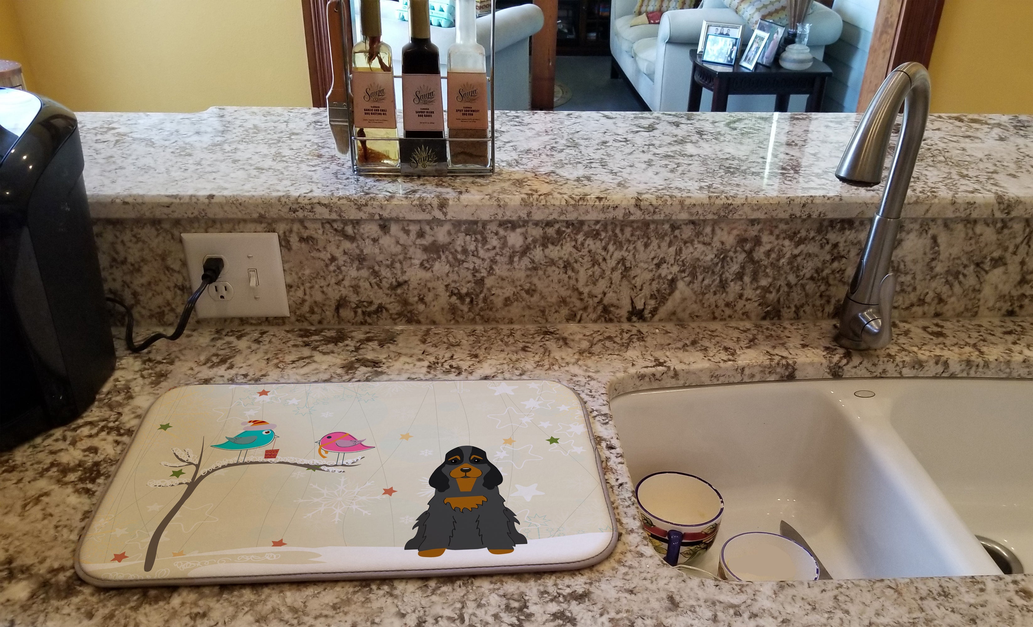 Christmas Presents between Friends Cocker Spaniel - Black and Tan Dish Drying Mat Absorbent Dish Drying Mat Pad for Kitchen Counter Dish Drainer Mat for Countertop, 14 x 21", Multicolor