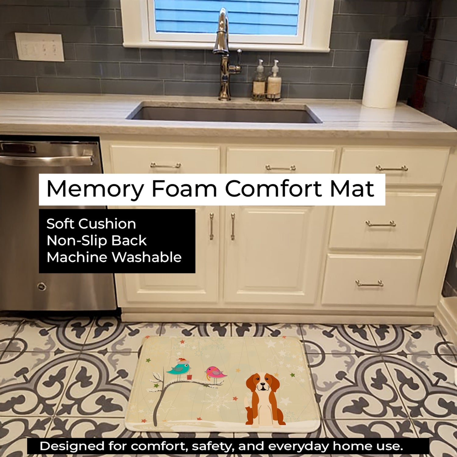 Christmas Presents between Friends English Foxhound Memory Foam Kitchen Mat Machine Washable Anti-Fatigue Cushion Comfort Bath or Kitchen Rug