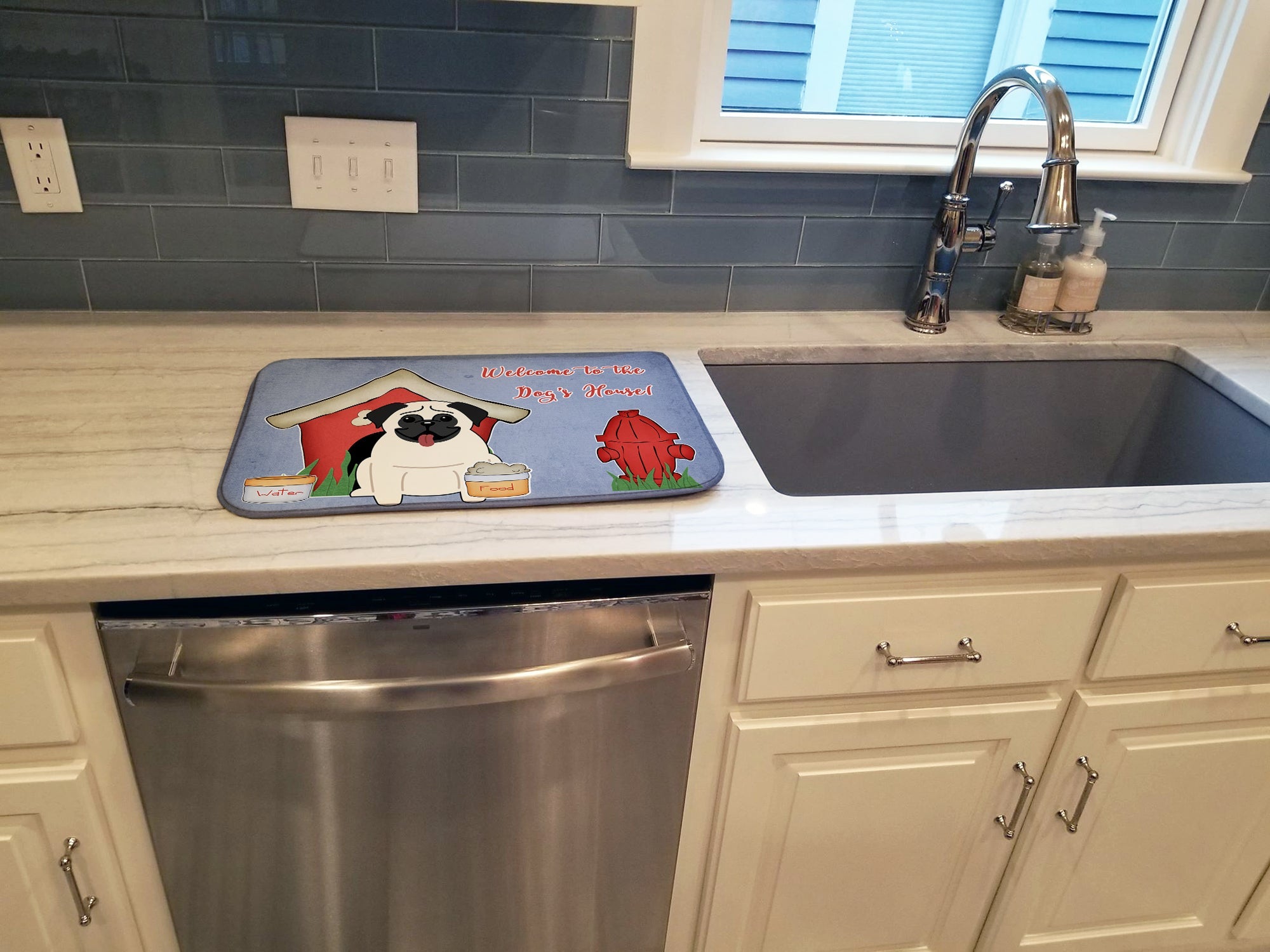 Dog House Collection Pug Cream Dish Drying Mat Absorbent Dish Drying Mat Pad for Kitchen Counter Dish Drainer Mat for Countertop, 14 x 21", Multicolor