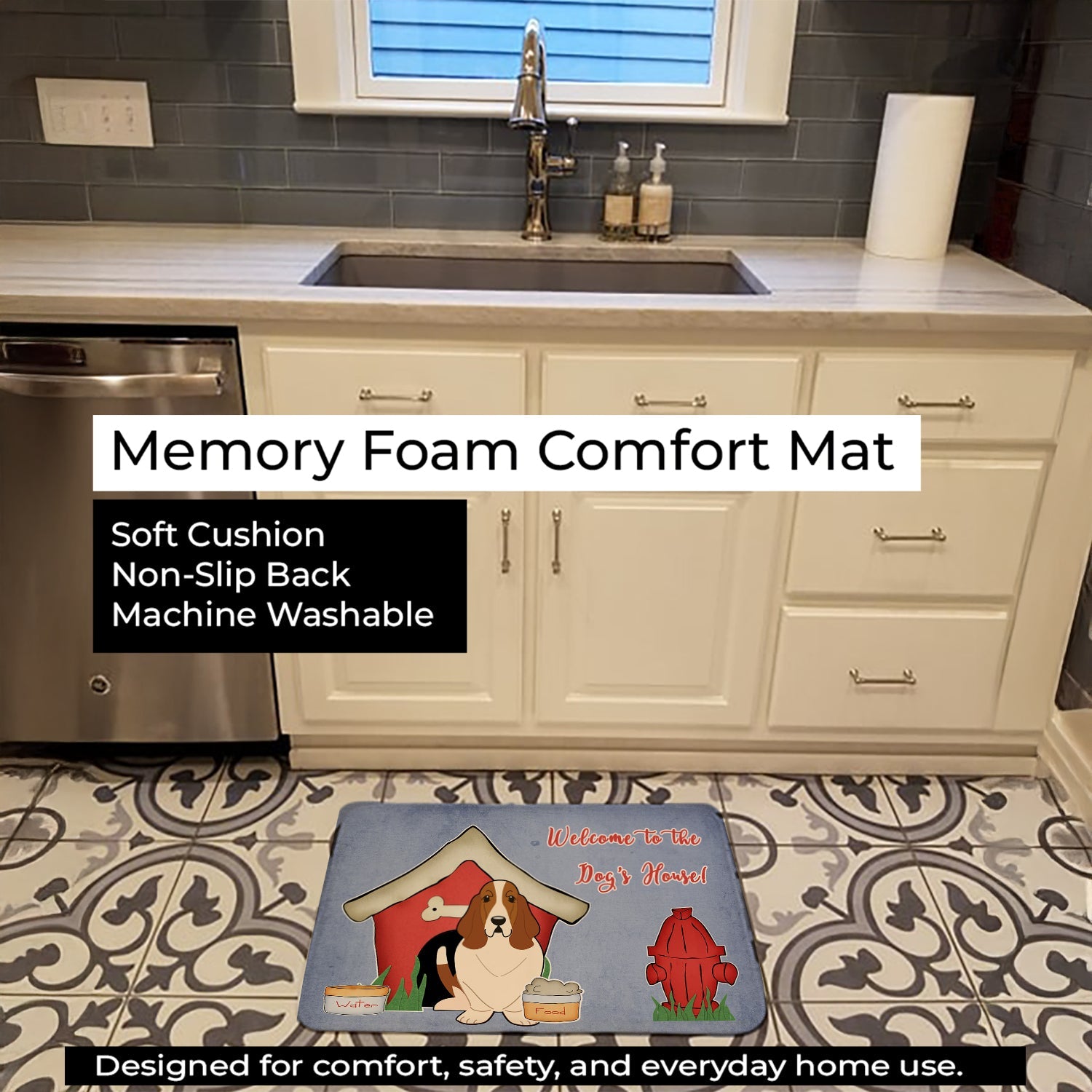 Dog House Collection Basset Hound Memory Foam Kitchen Mat Machine Washable Anti-Fatigue Cushion Comfort Bath or Kitchen Rug
