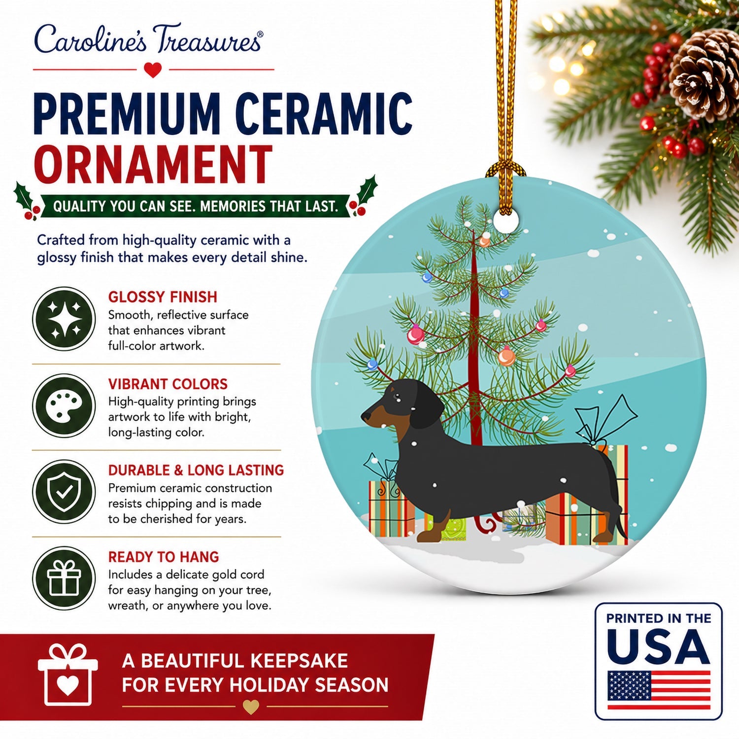 Dachshund Merry Christmas Tree Ceramic Ornament Christmas Tree Hanging Decorations for Home Christmas Holiday, Party, Gift, 3 in, Multicolor