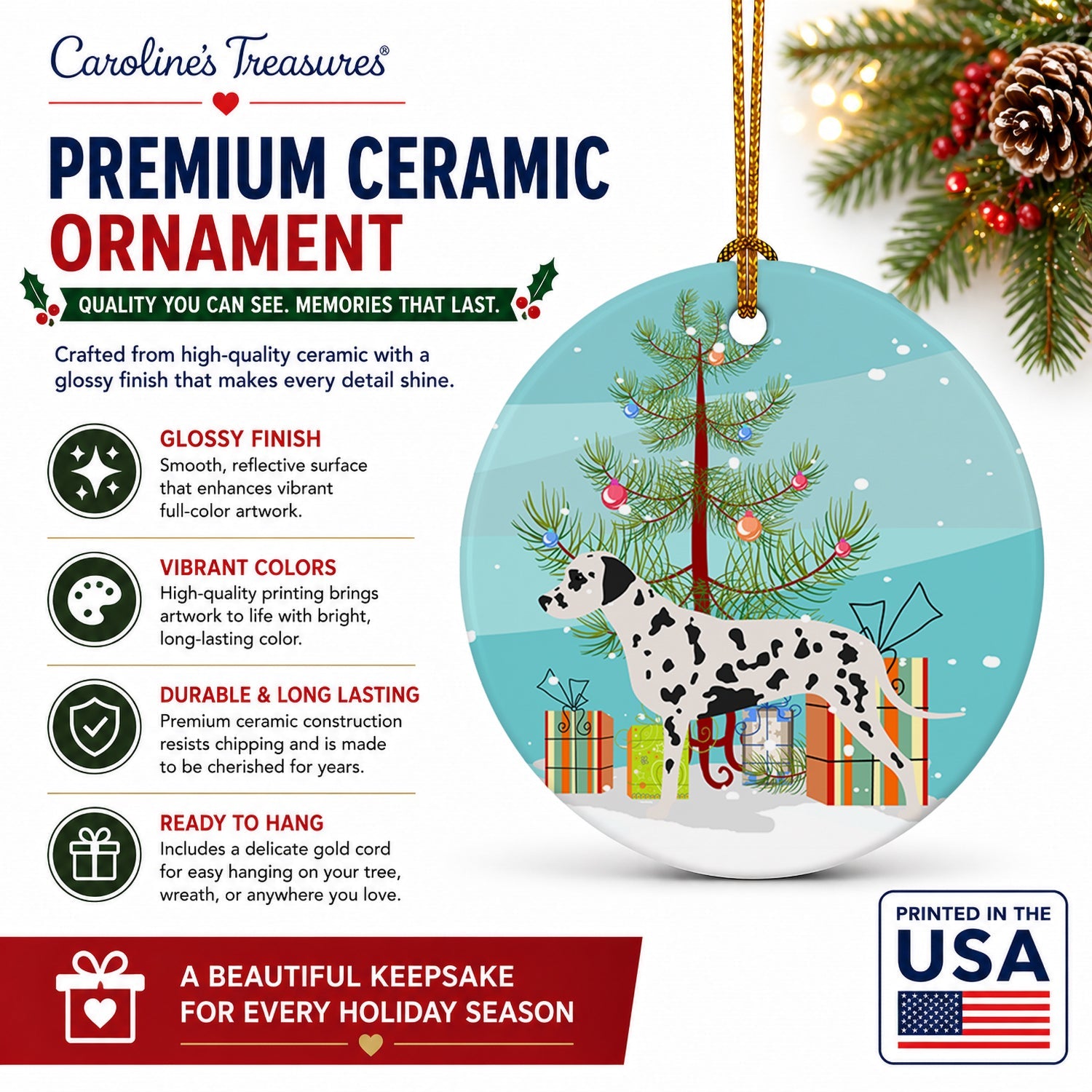 Dalmatian Merry Christmas Tree Ceramic Ornament Christmas Tree Hanging Decorations for Home Christmas Holiday, Party, Gift, 3 in, Multicolor