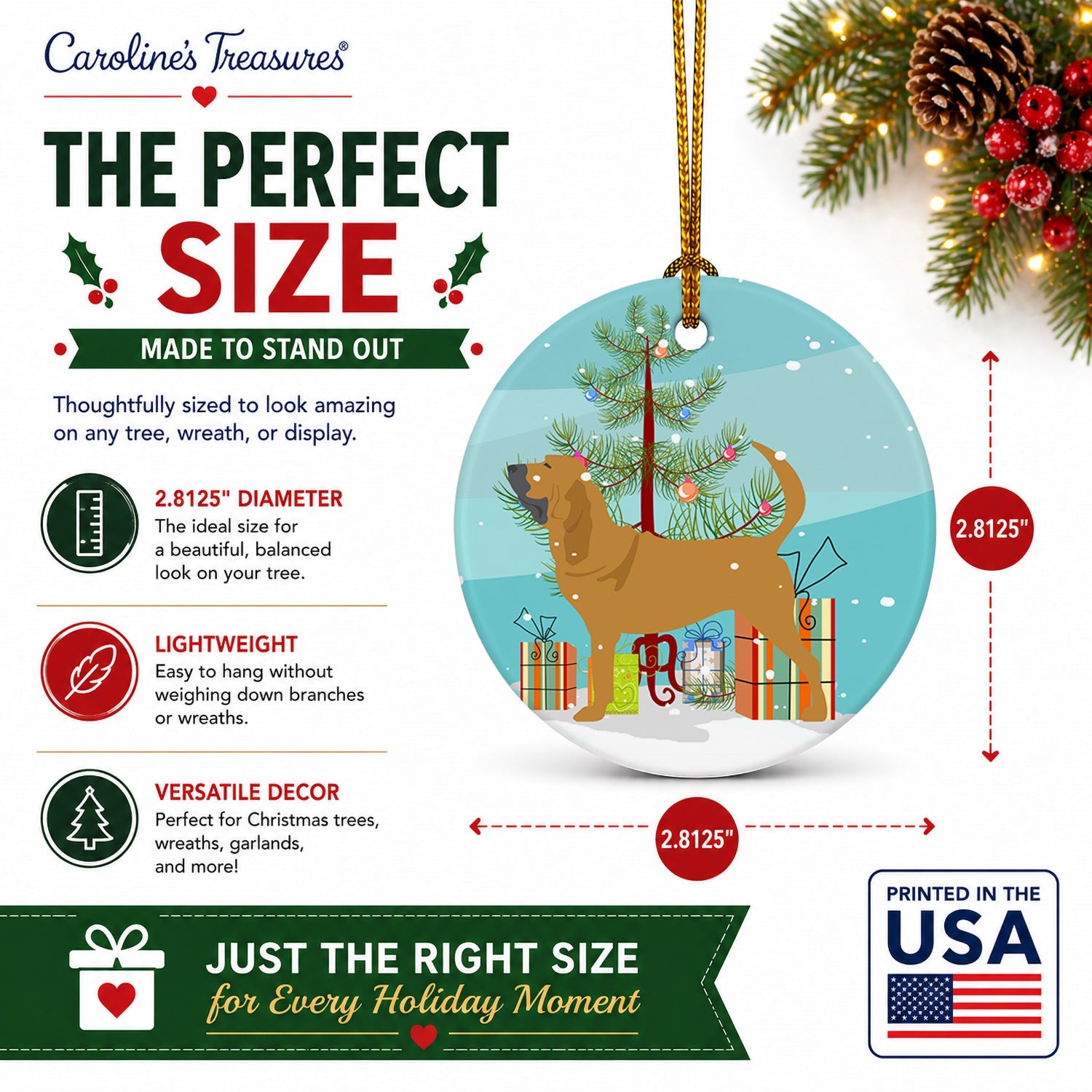 Bloodhound Merry Christmas Tree Ceramic Ornament Christmas Tree Hanging Decorations for Home Christmas Holiday, Party, Gift, 3 in, Multicolor