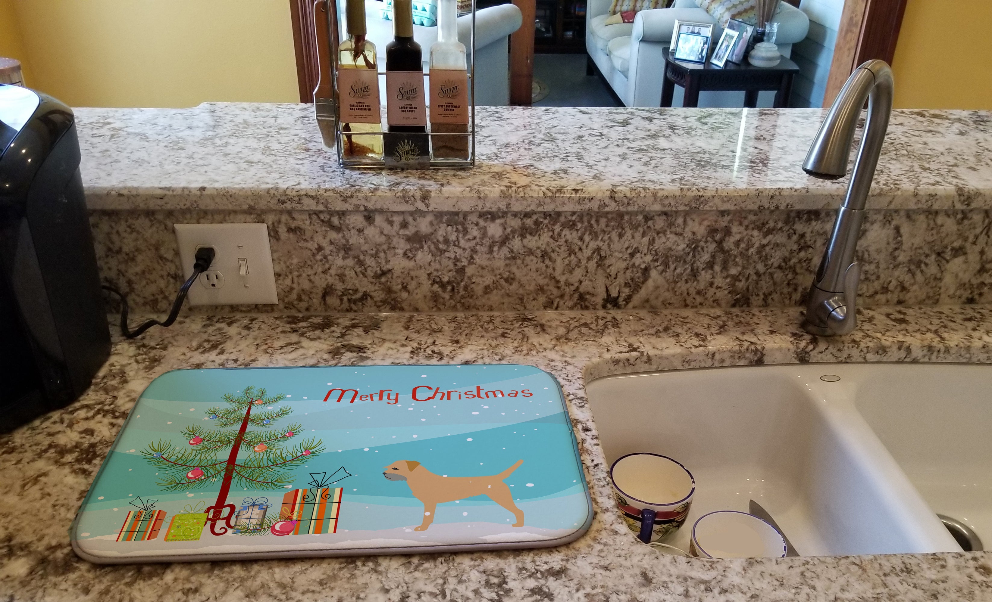 Border Terrier Merry Christmas Tree Dish Drying Mat Absorbent Dish Drying Mat Pad for Kitchen Counter Dish Drainer Mat for Countertop, 14 x 21", Multicolor