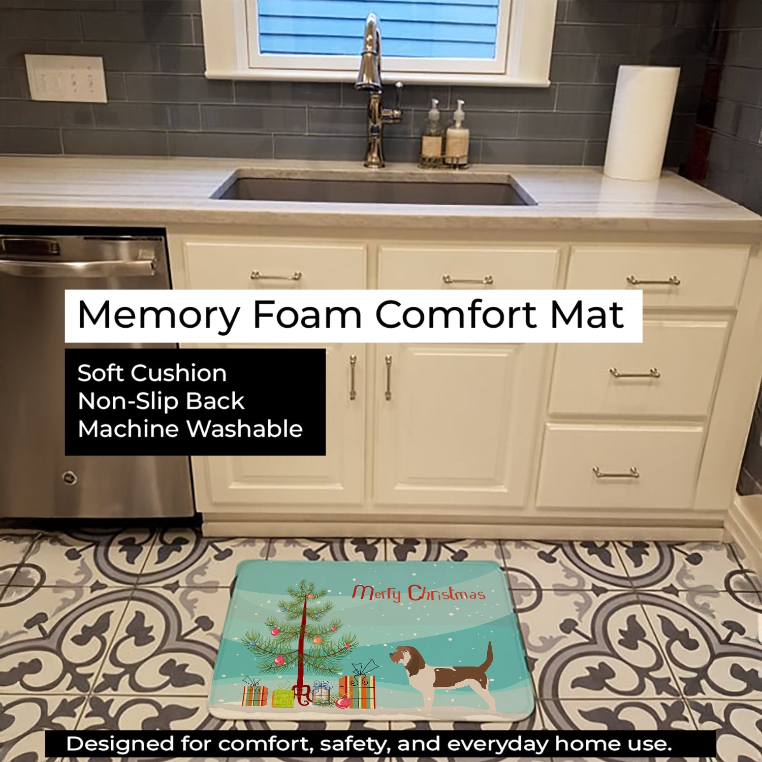 Grand Basset Griffon Vendeen Merry Christmas Tree Memory Foam Kitchen Mat Machine Washable Anti-Fatigue Cushion Comfort Bath or Kitchen Rug