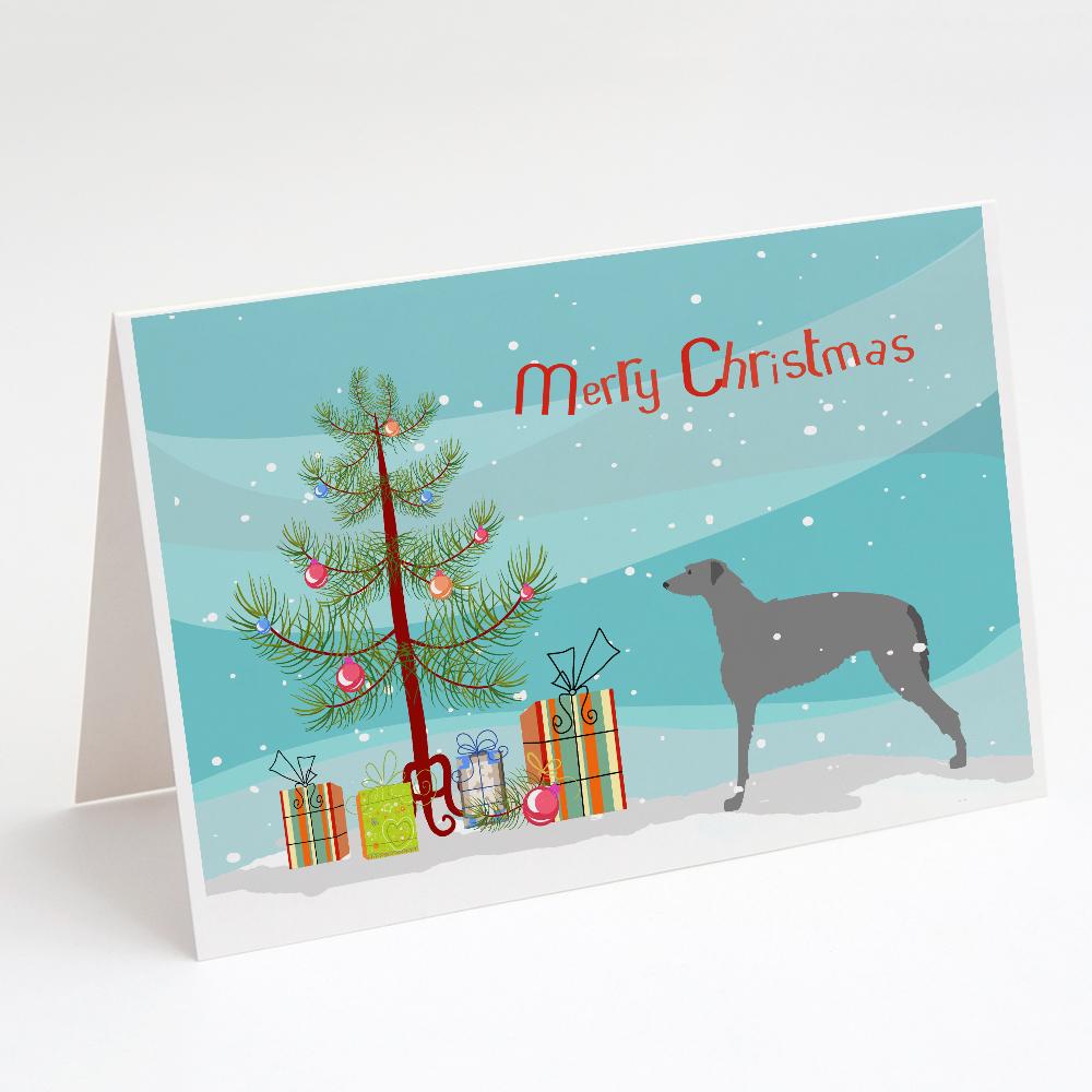 Scottish Deerhound Merry Christmas Tree Greeting Cards Pack of 8 Blank Cards with Envelopes Whimsical A7 Size 5x7