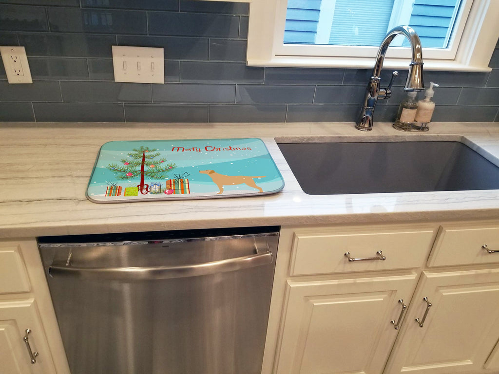 Yellow Labrador Retriever Merry Christmas Tree Dish Drying Mat Absorbent Dish Drying Mat Pad for Kitchen Counter Dish Drainer Mat for Countertop, 14 x 21", Multicolor