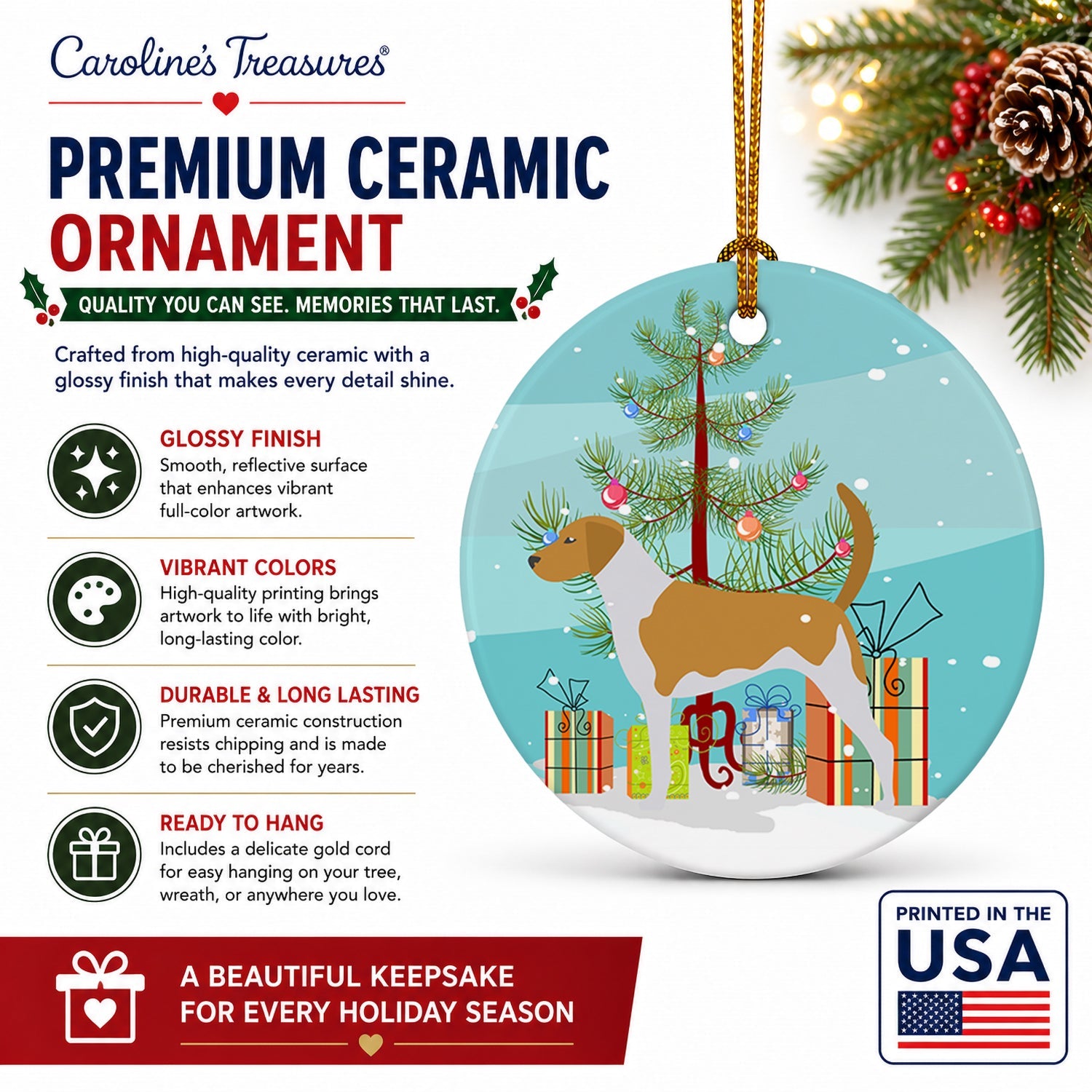 American Foxhound Merry Christmas Tree Ceramic Ornament Christmas Tree Hanging Decorations for Home Christmas Holiday, Party, Gift, 3 in, Multicolor