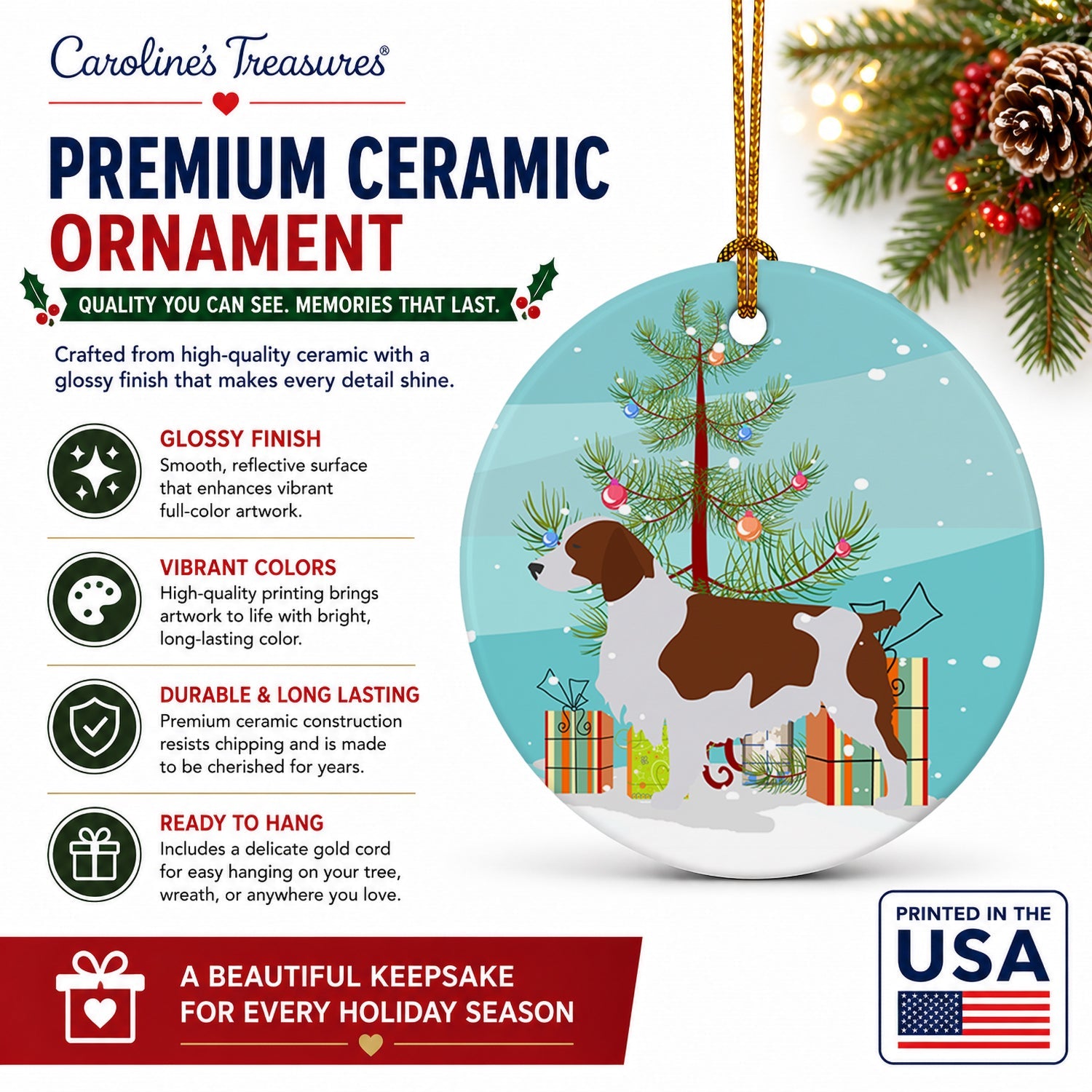 Welsh Springer Spaniel Merry Christmas Tree Ceramic Ornament Christmas Tree Hanging Decorations for Home Christmas Holiday, Party, Gift, 3 in, Multicolor