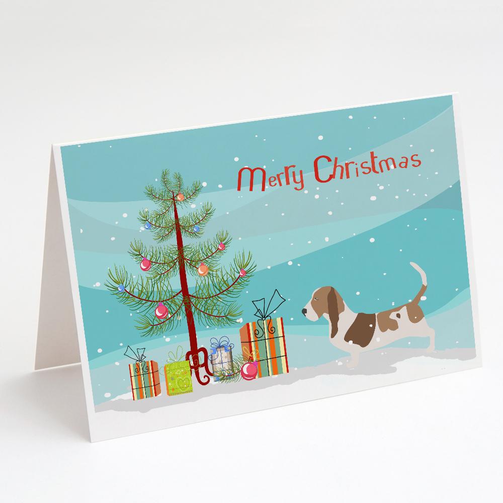 Basset Hound Merry Christmas Tree Greeting Cards Pack of 8 Blank Cards with Envelopes Whimsical A7 Size 5x7