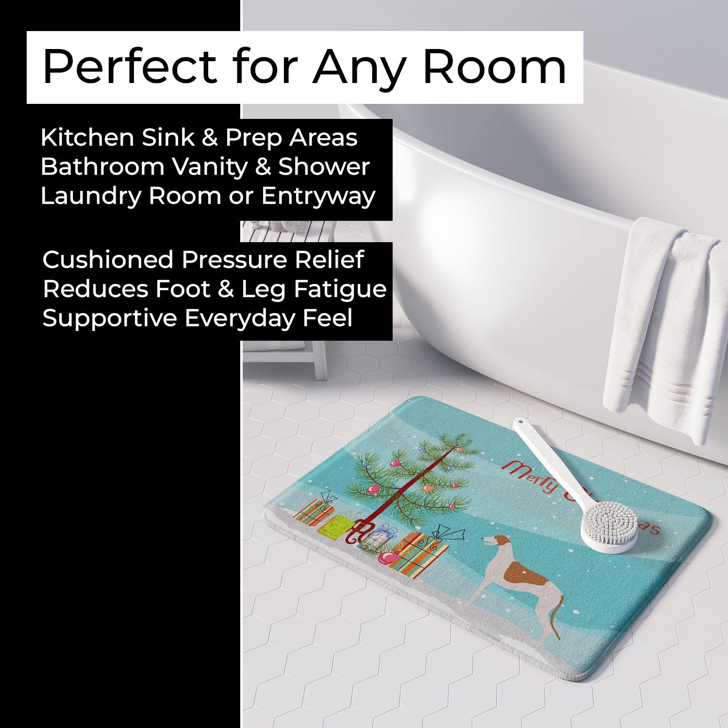 Greyhound Merry Christmas Tree Memory Foam Kitchen Mat Machine Washable Anti-Fatigue Cushion Comfort Bath or Kitchen Rug