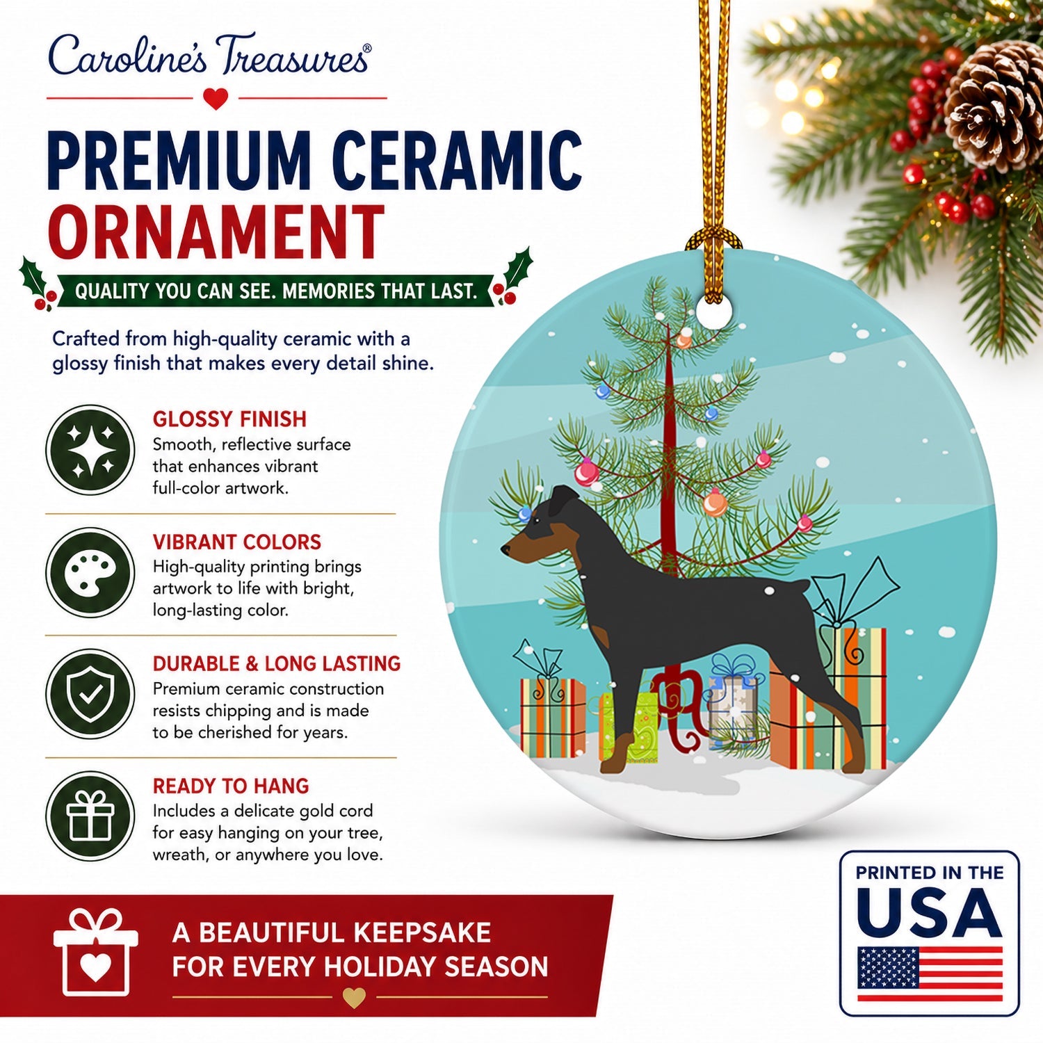 German Pinscher Merry Christmas Tree Ceramic Ornament Christmas Tree Hanging Decorations for Home Christmas Holiday, Party, Gift, 3 in, Multicolor
