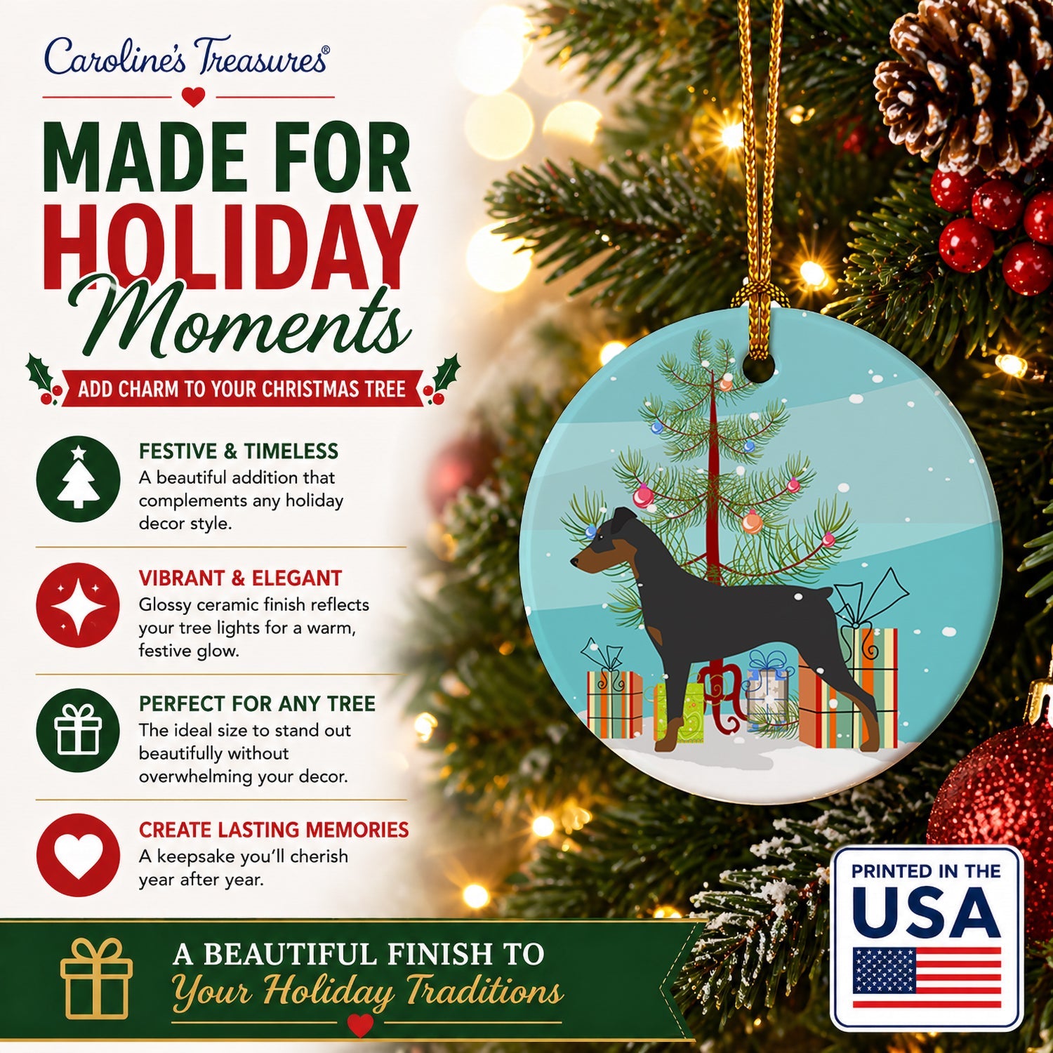German Pinscher Merry Christmas Tree Ceramic Ornament Christmas Tree Hanging Decorations for Home Christmas Holiday, Party, Gift, 3 in, Multicolor