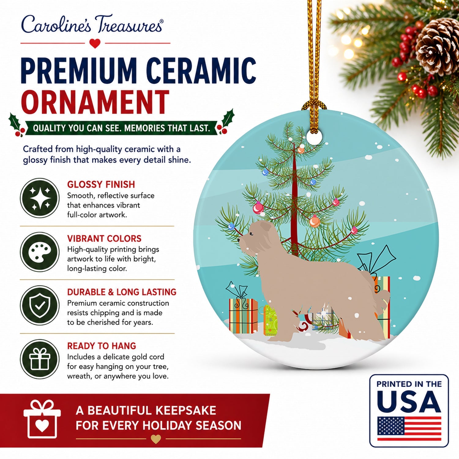 Pyrenean Shepherd Dog Merry Christmas Tree Ceramic Ornament Christmas Tree Hanging Decorations for Home Christmas Holiday, Party, Gift, 3 in, Multicolor