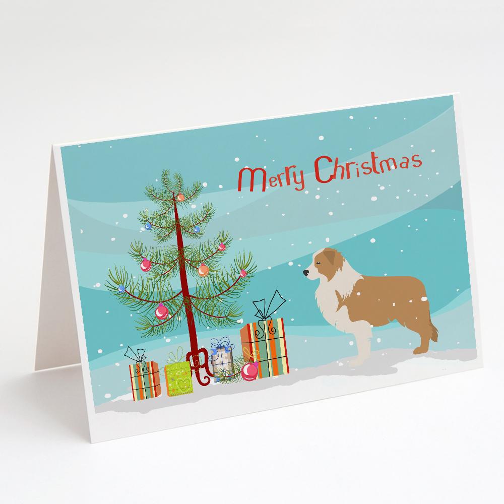 Red Border Collie Merry Christmas Tree Greeting Cards Pack of 8 Blank Cards with Envelopes Whimsical A7 Size 5x7